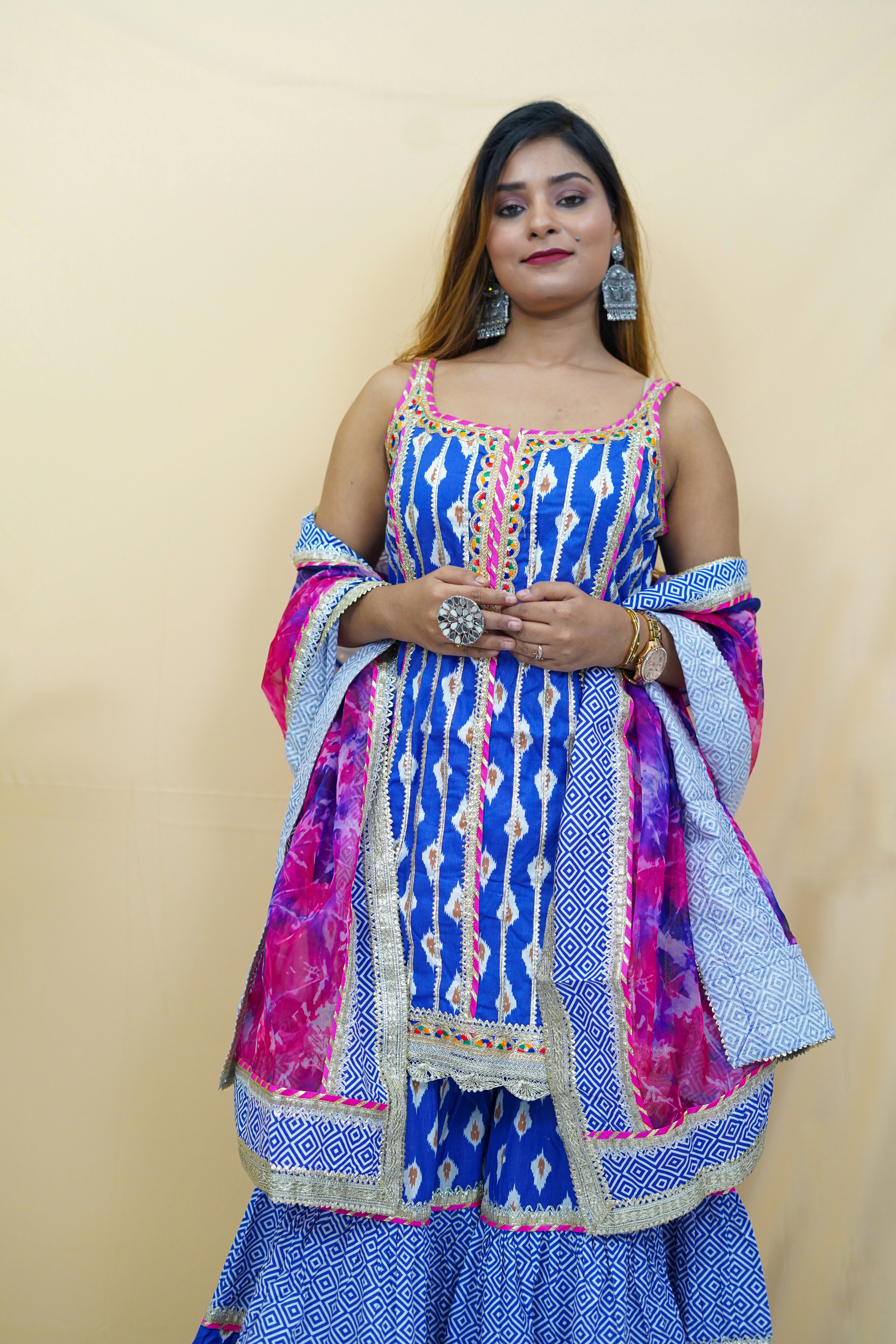 Navy Blue Printed Cotton Sharara Set