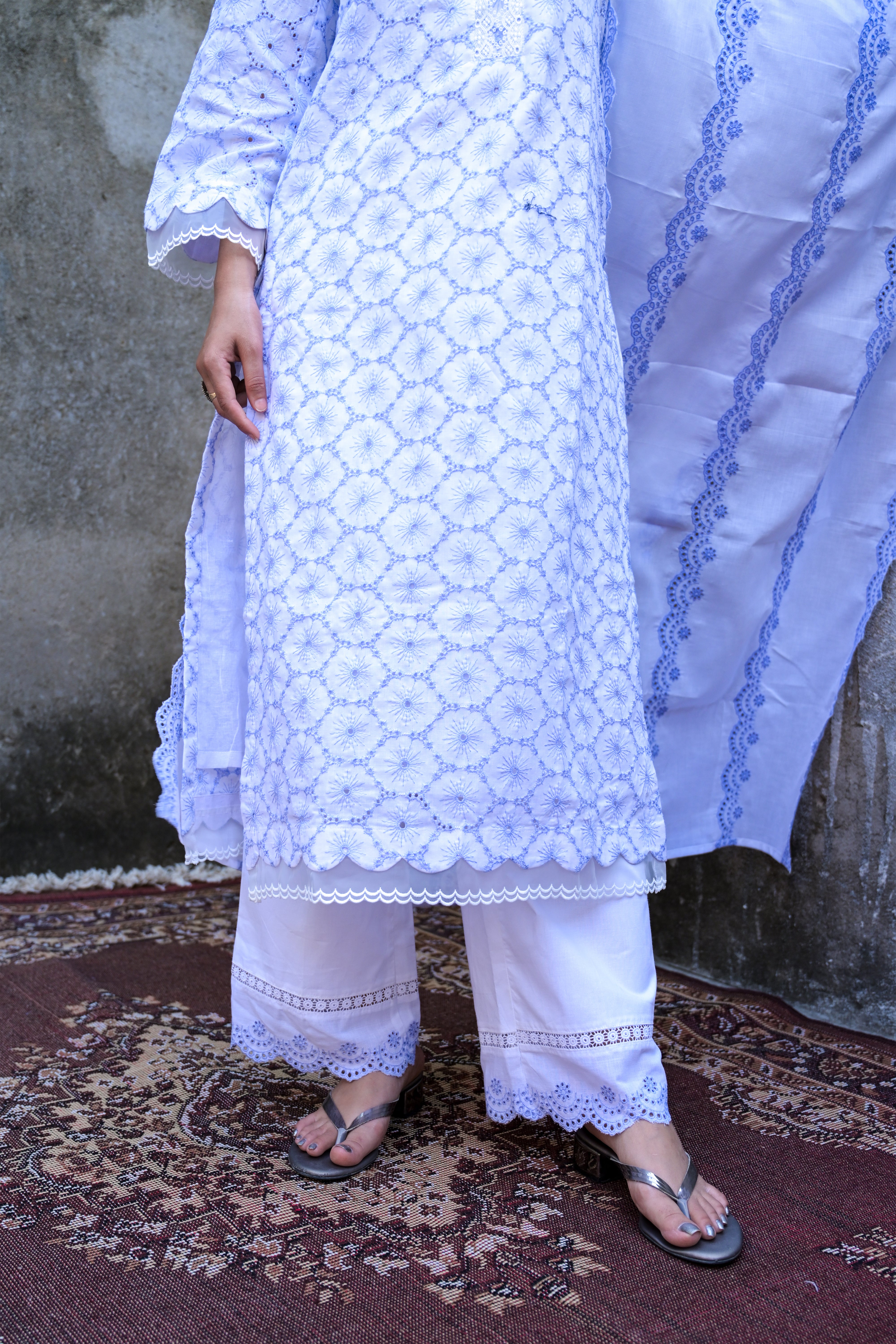 Netraa Cotton Sree Navy Kurta With Mulmul Cotton Palazzo & Dupatta
