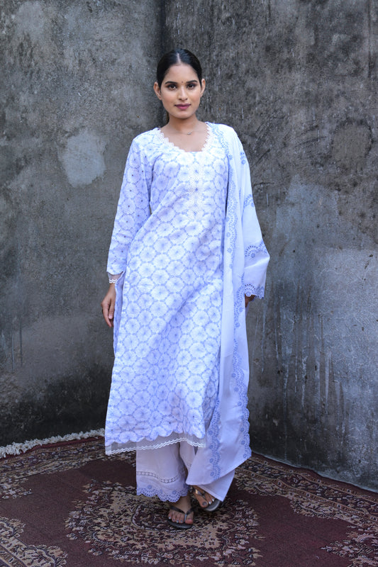 Netraa Cotton Sree Navy Kurta With Mulmul Cotton Palazzo & Dupatta