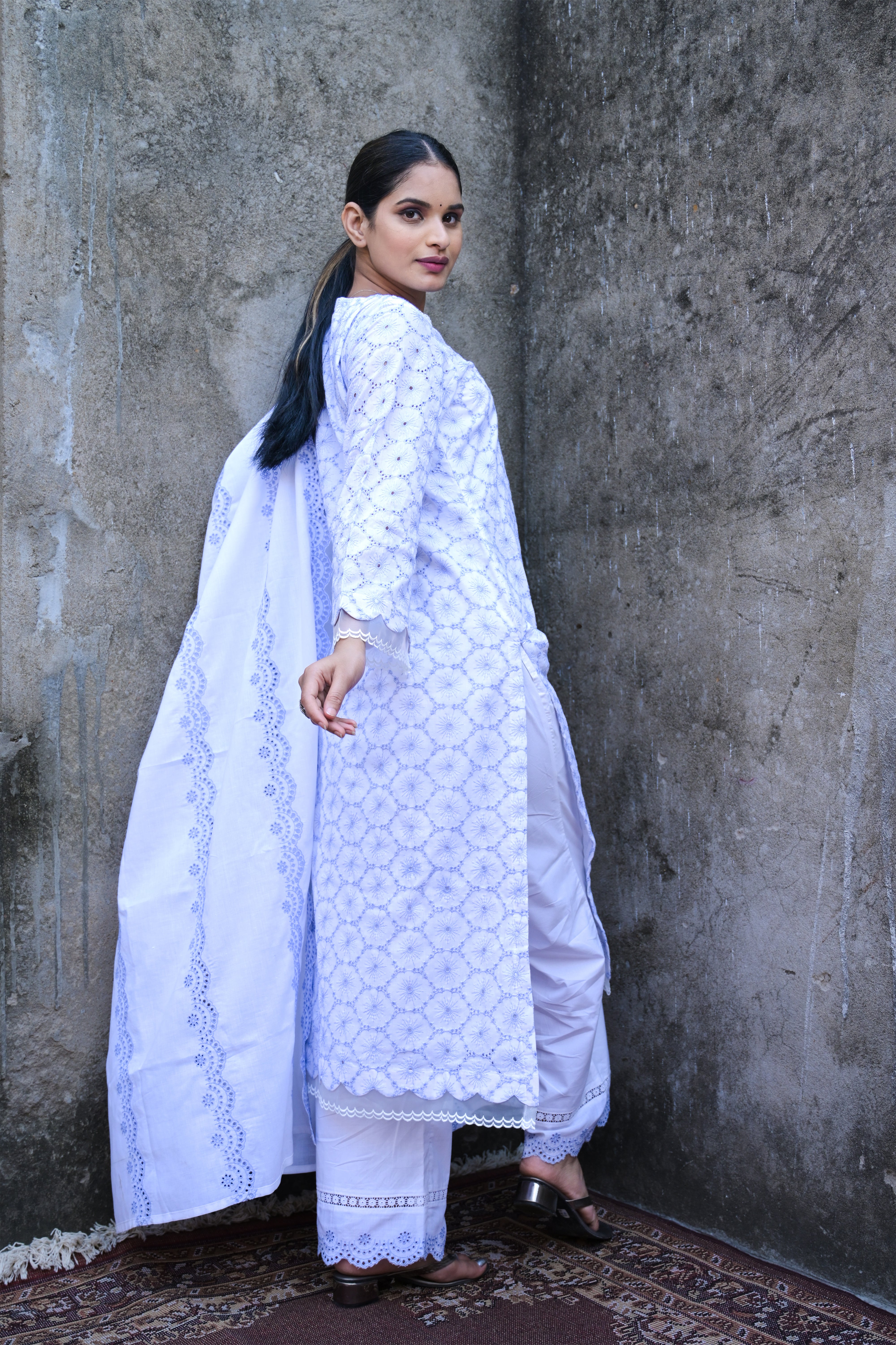 Netraa Cotton Sree Navy Kurta With Mulmul Cotton Palazzo & Dupatta