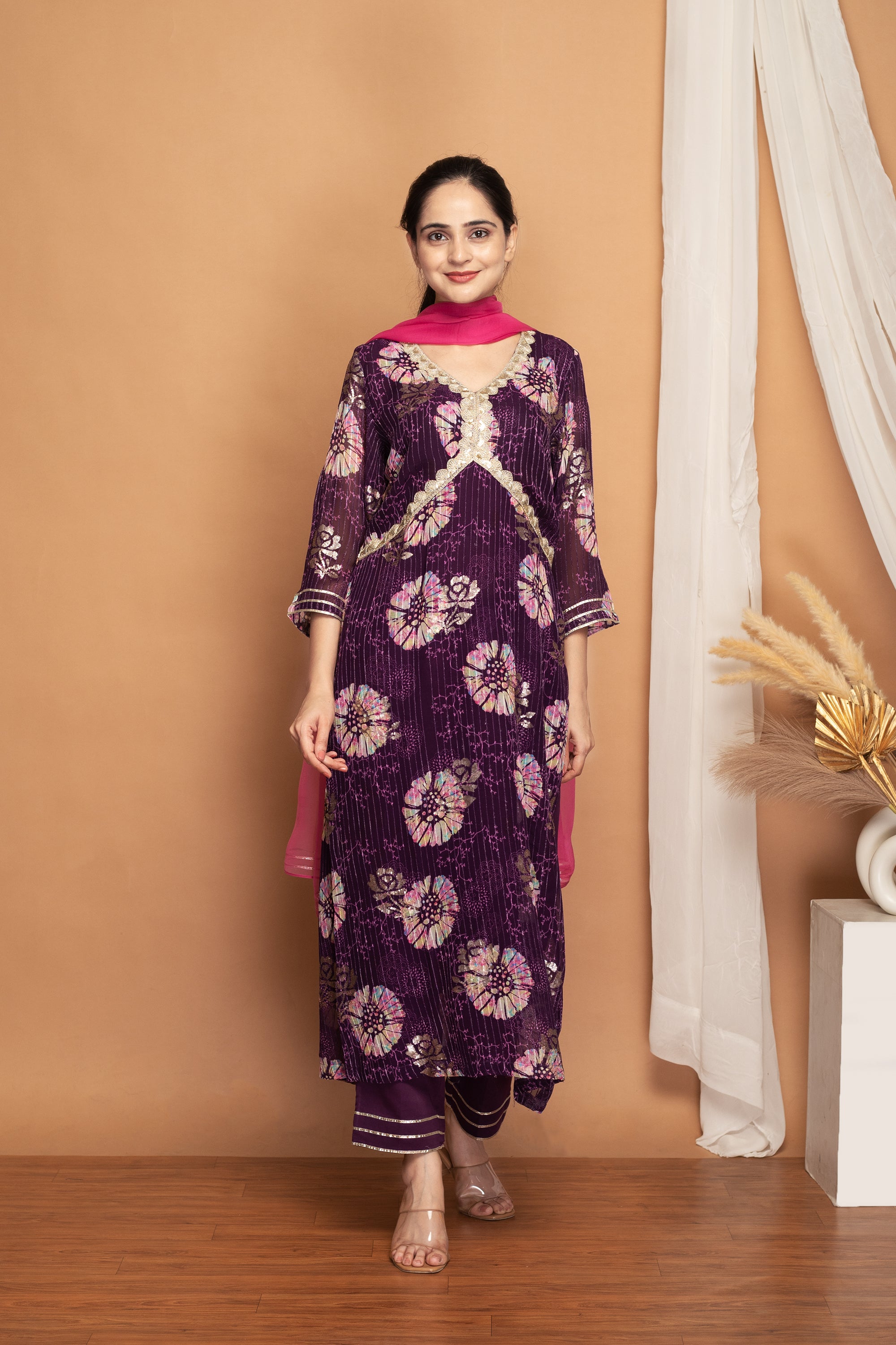 Tye-Dye Purple Chinon Printed Suit Set