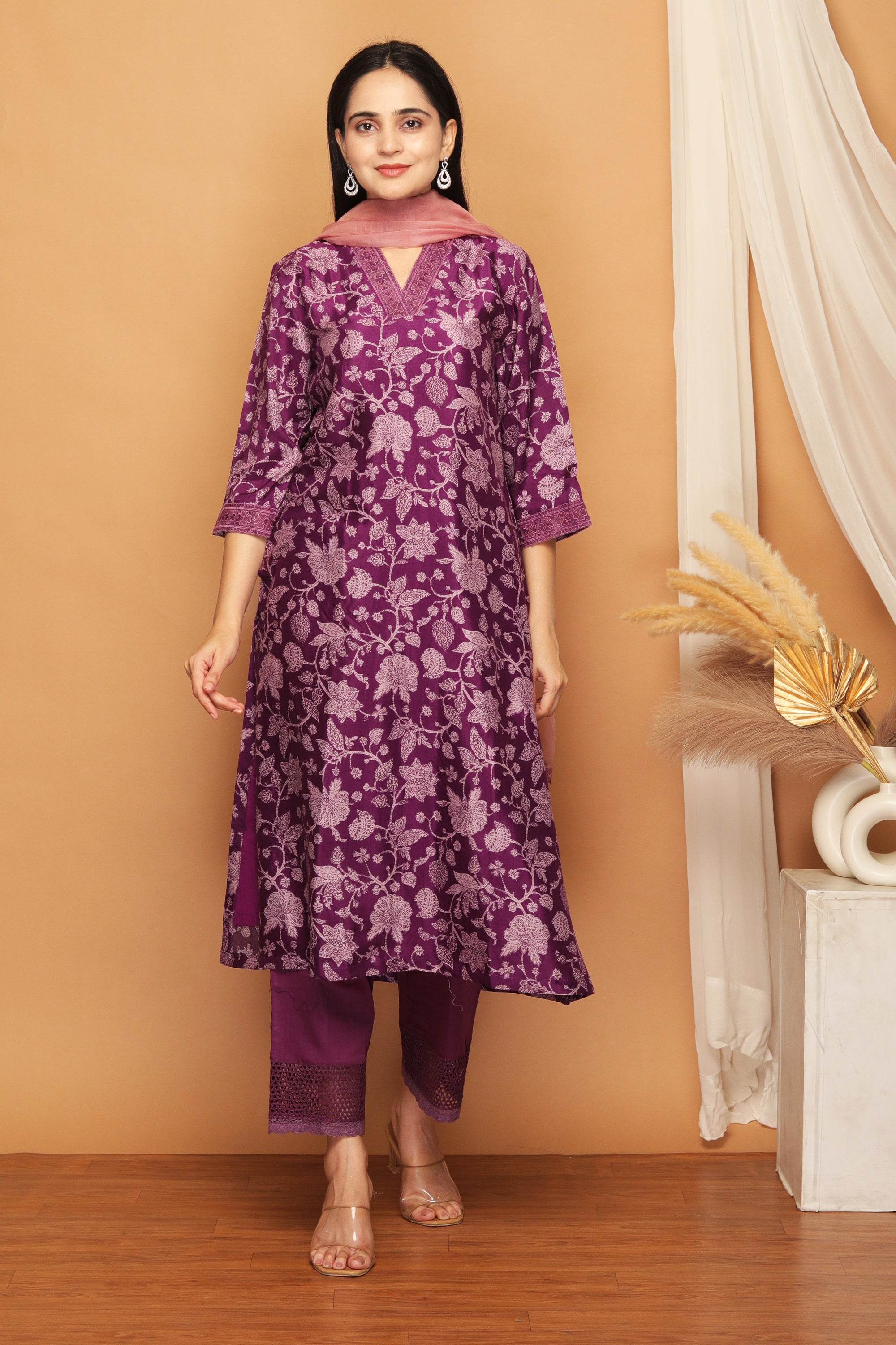 Sahina Purple Crepe Contrast Floral Suit Set
