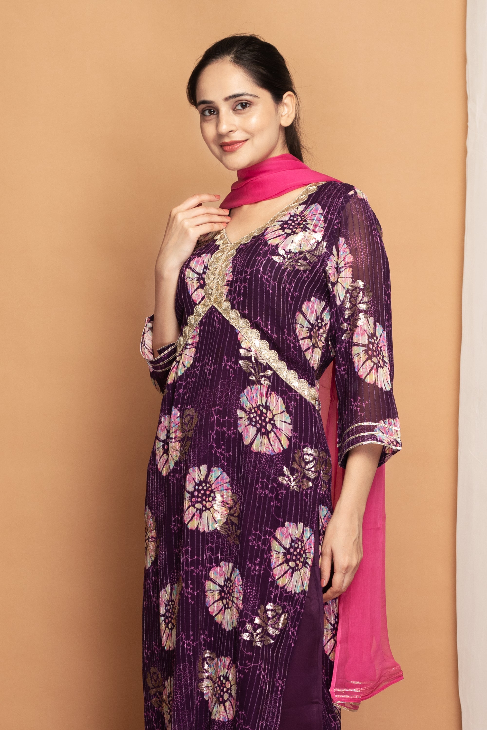Tye-Dye Purple Chinon Printed Suit Set