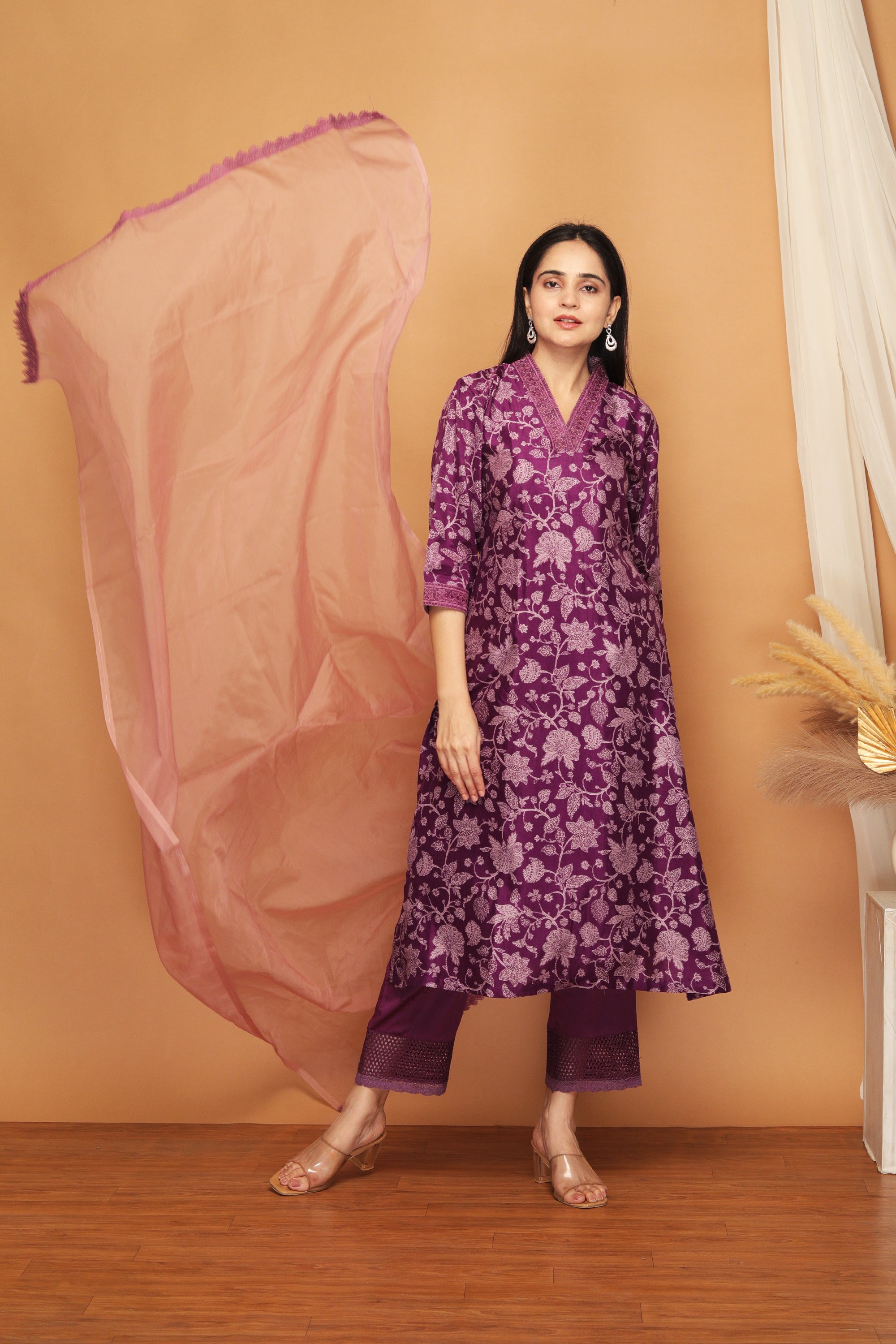Sahina Purple Crepe Contrast Floral Suit Set