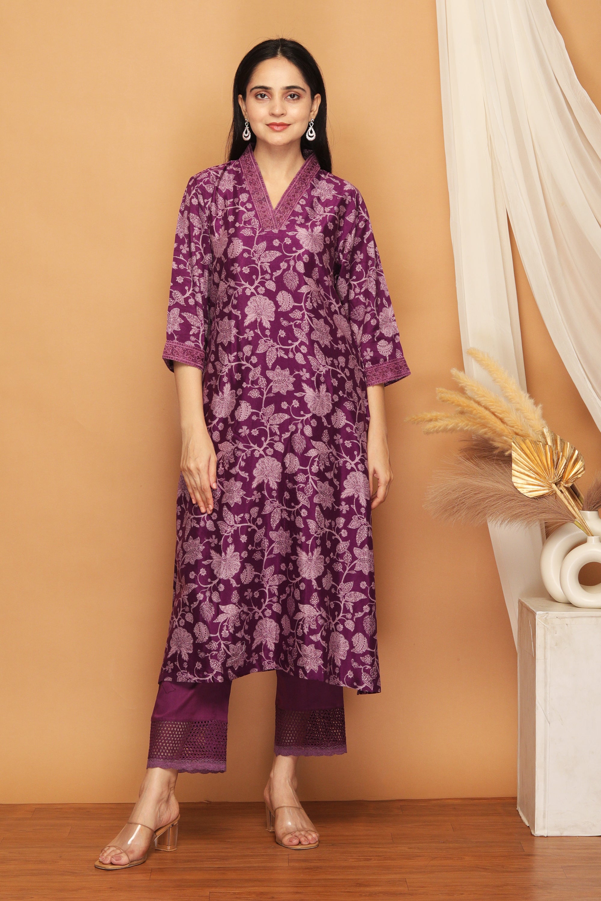 Sahina Purple Crepe Contrast Floral Suit Set