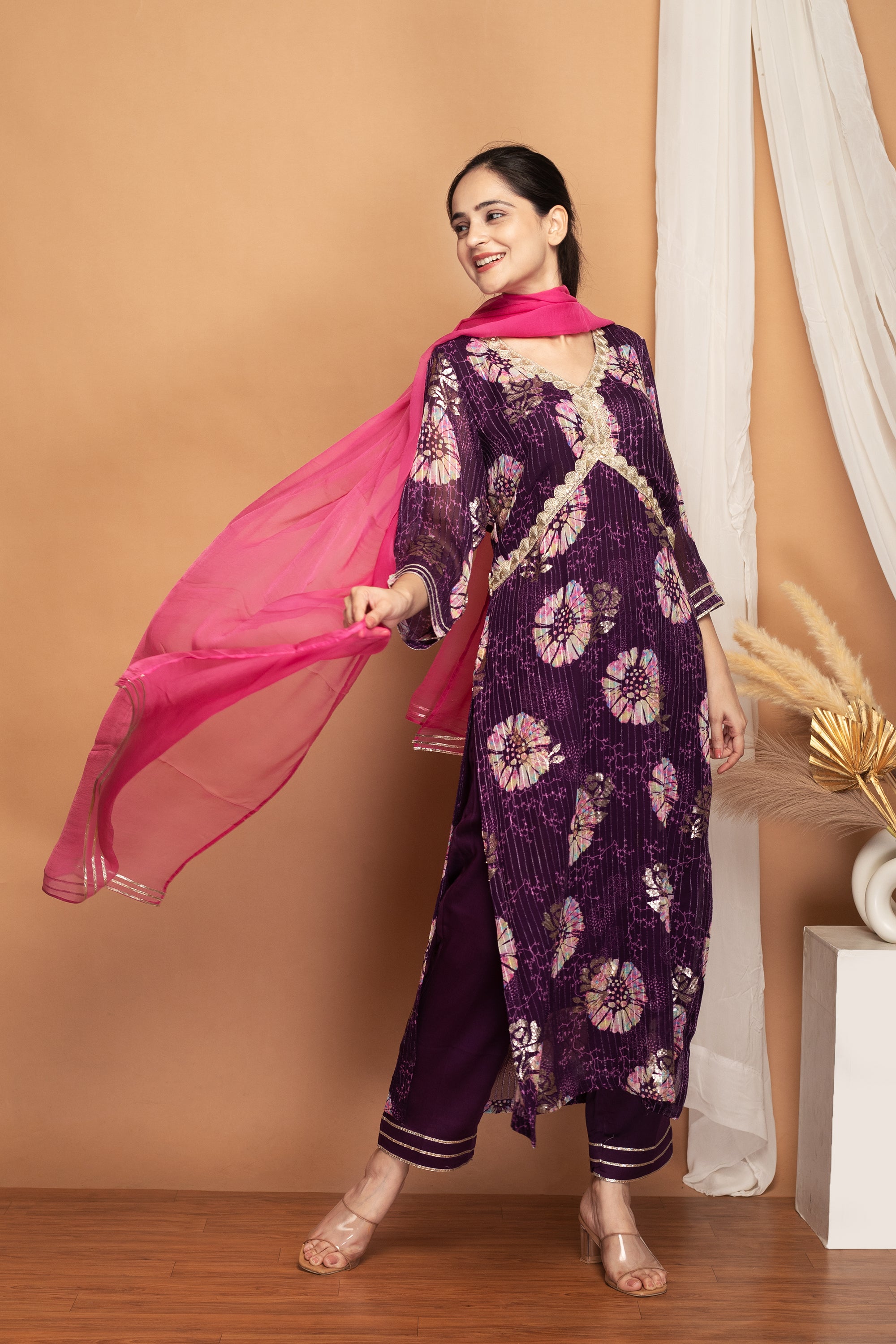 Tye-Dye Purple Chinon Printed Suit Set