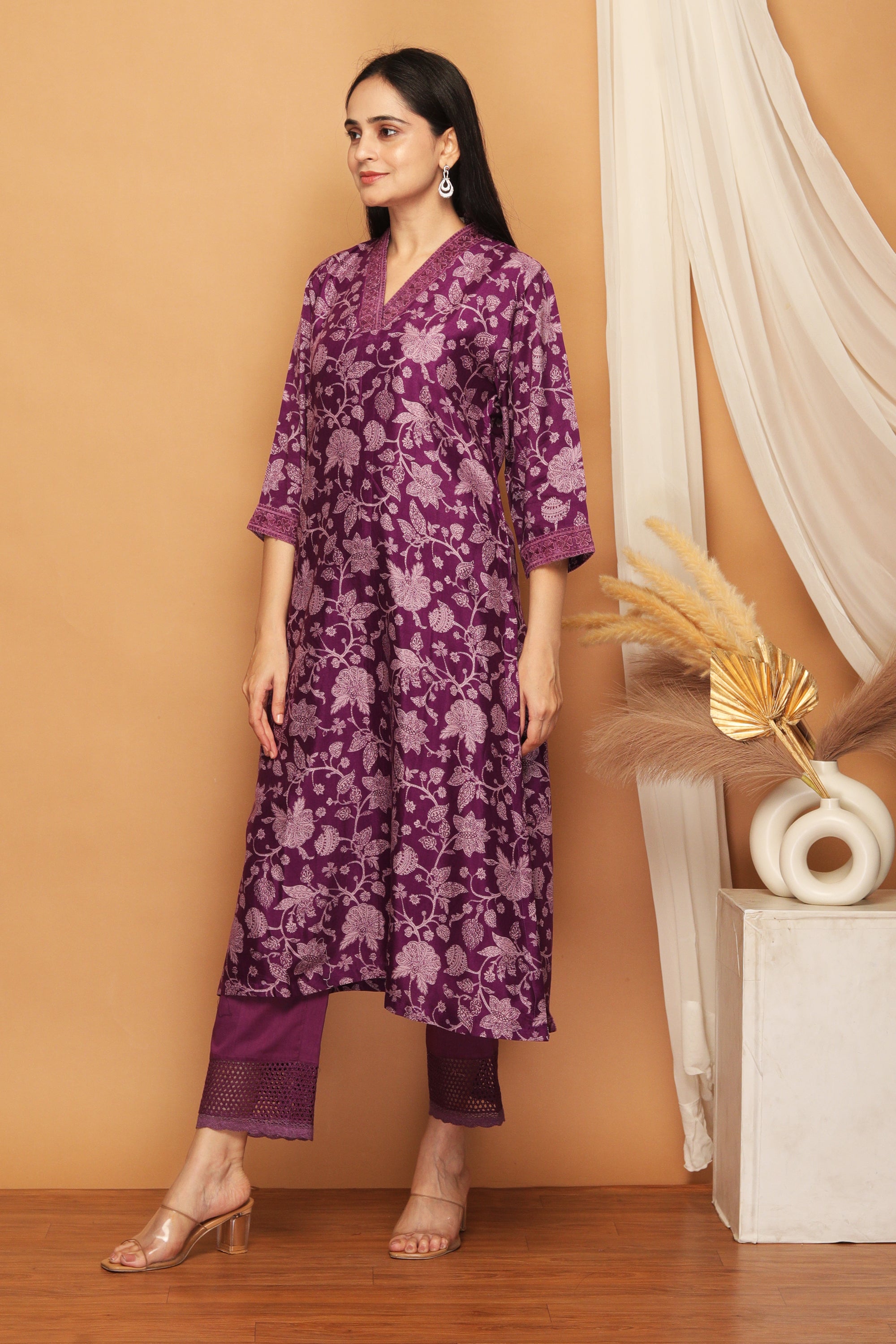 Sahina Purple Crepe Contrast Floral Suit Set