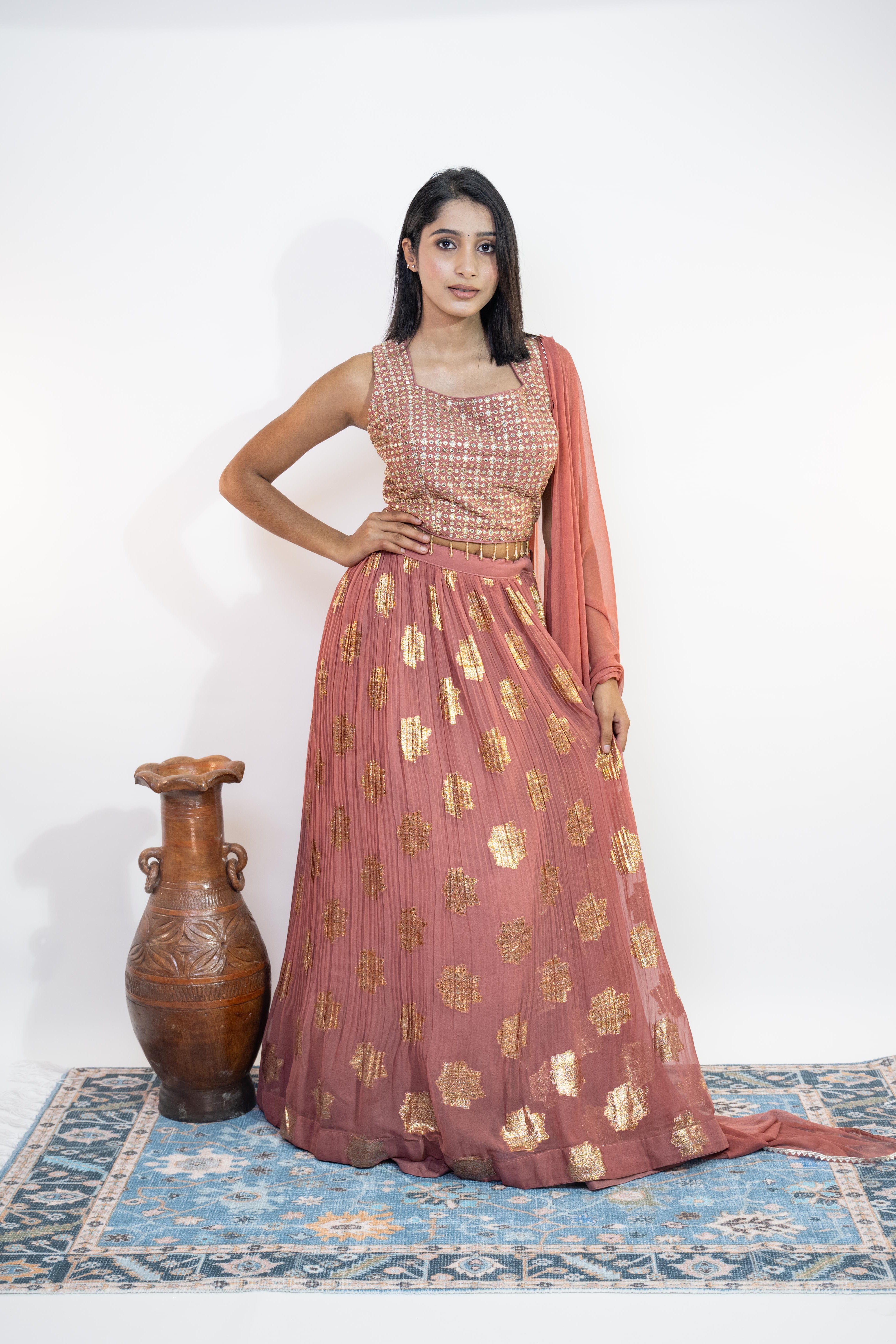 Baby Peach Crop Top with Skirt and Dupatta