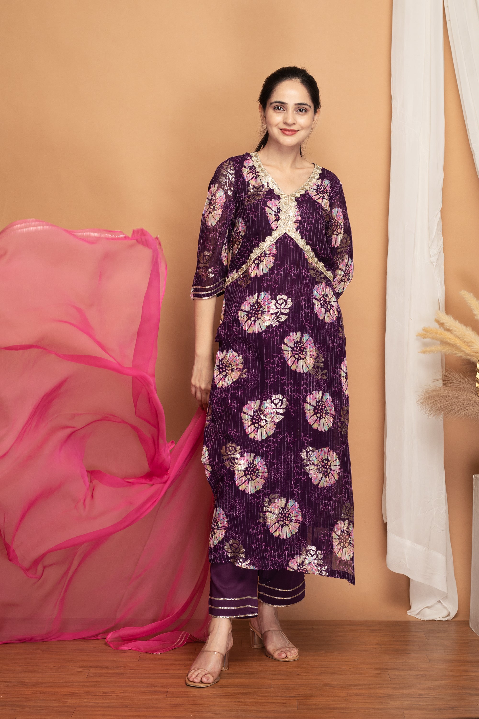 Tye-Dye Purple Chinon Printed Suit Set