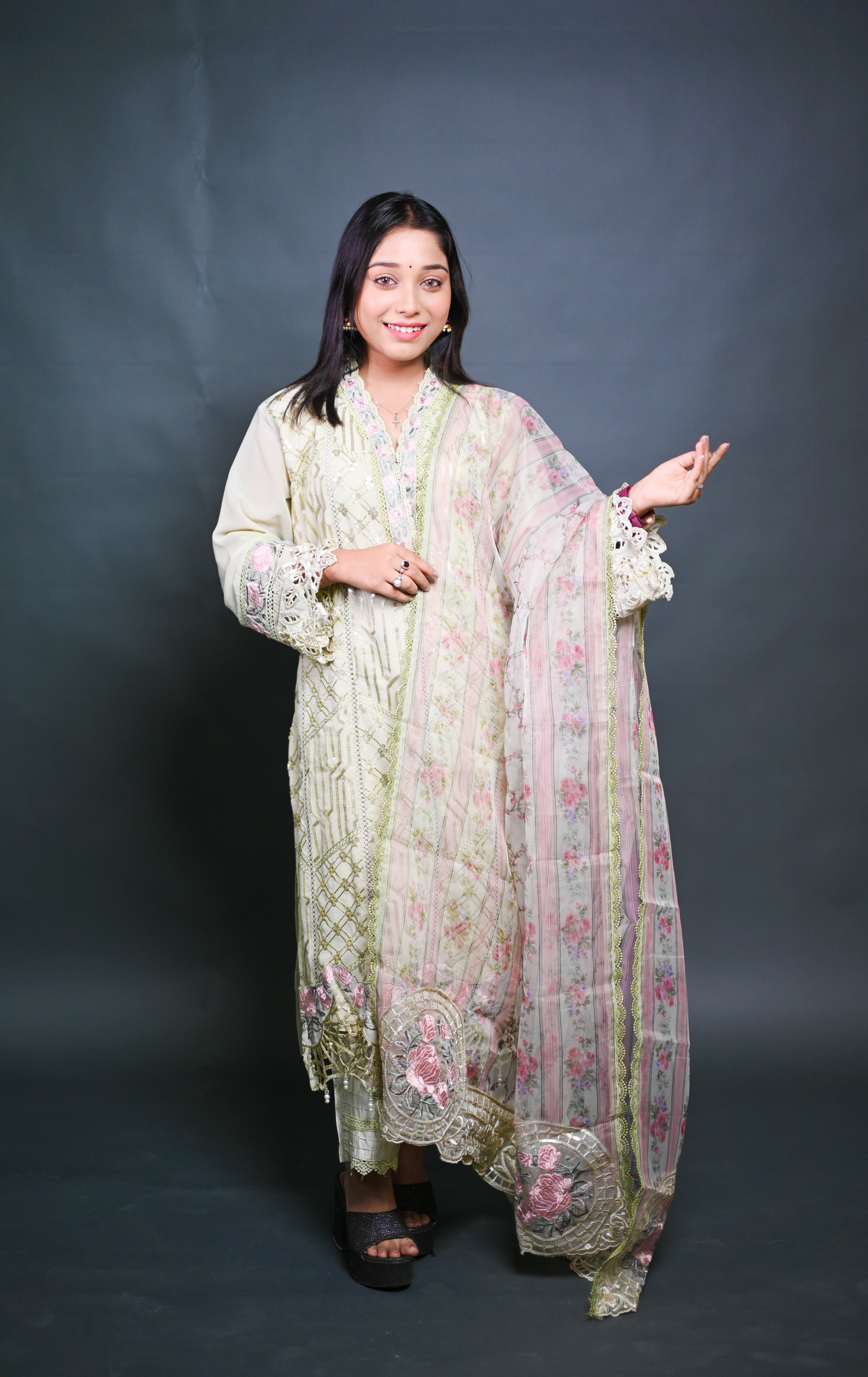 Embroidered Peach Pink Chiffon Suit with Organza Dupatta