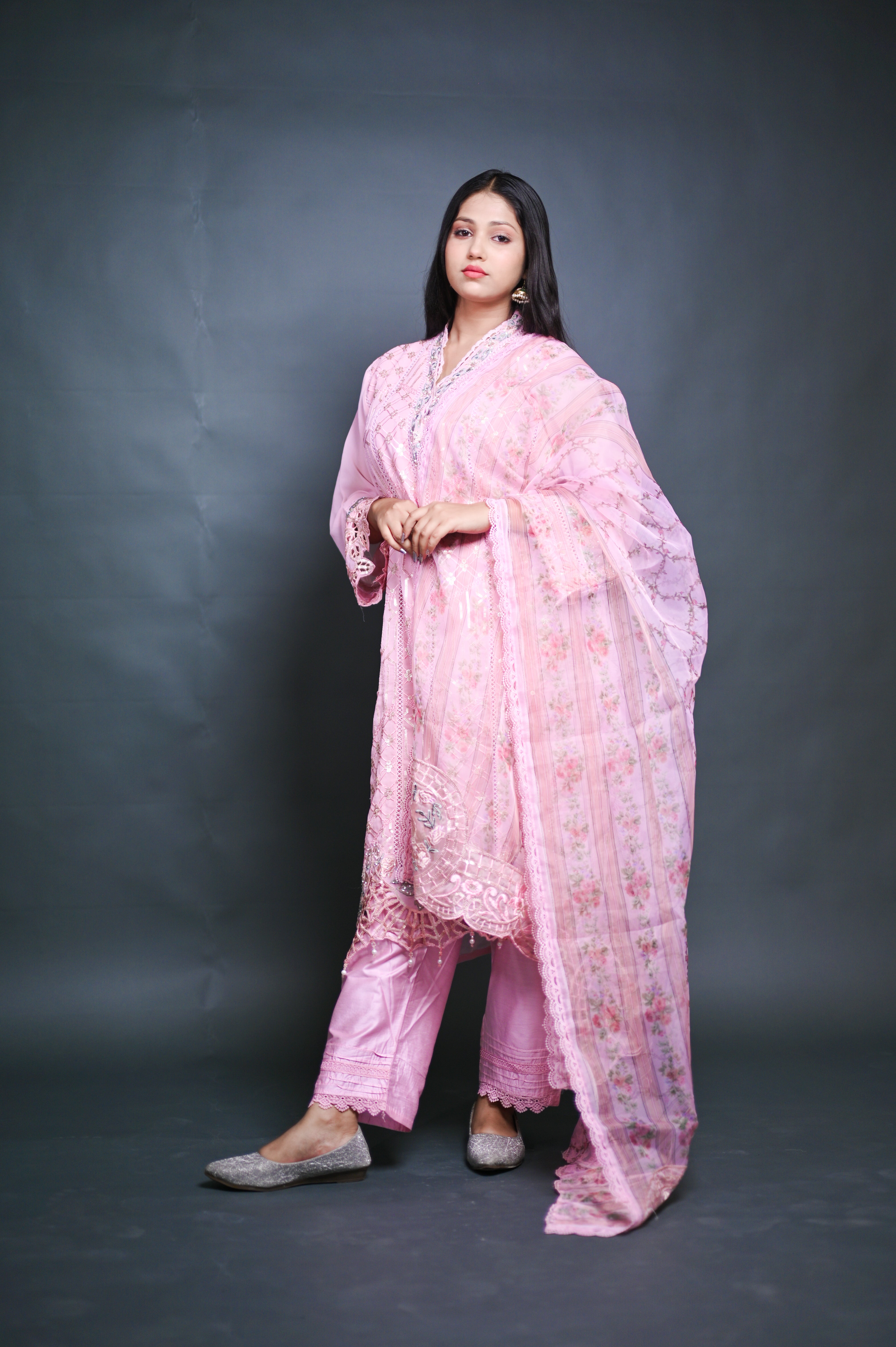 Embroidered Peach Pink Chiffon Suit with Organza Dupatta