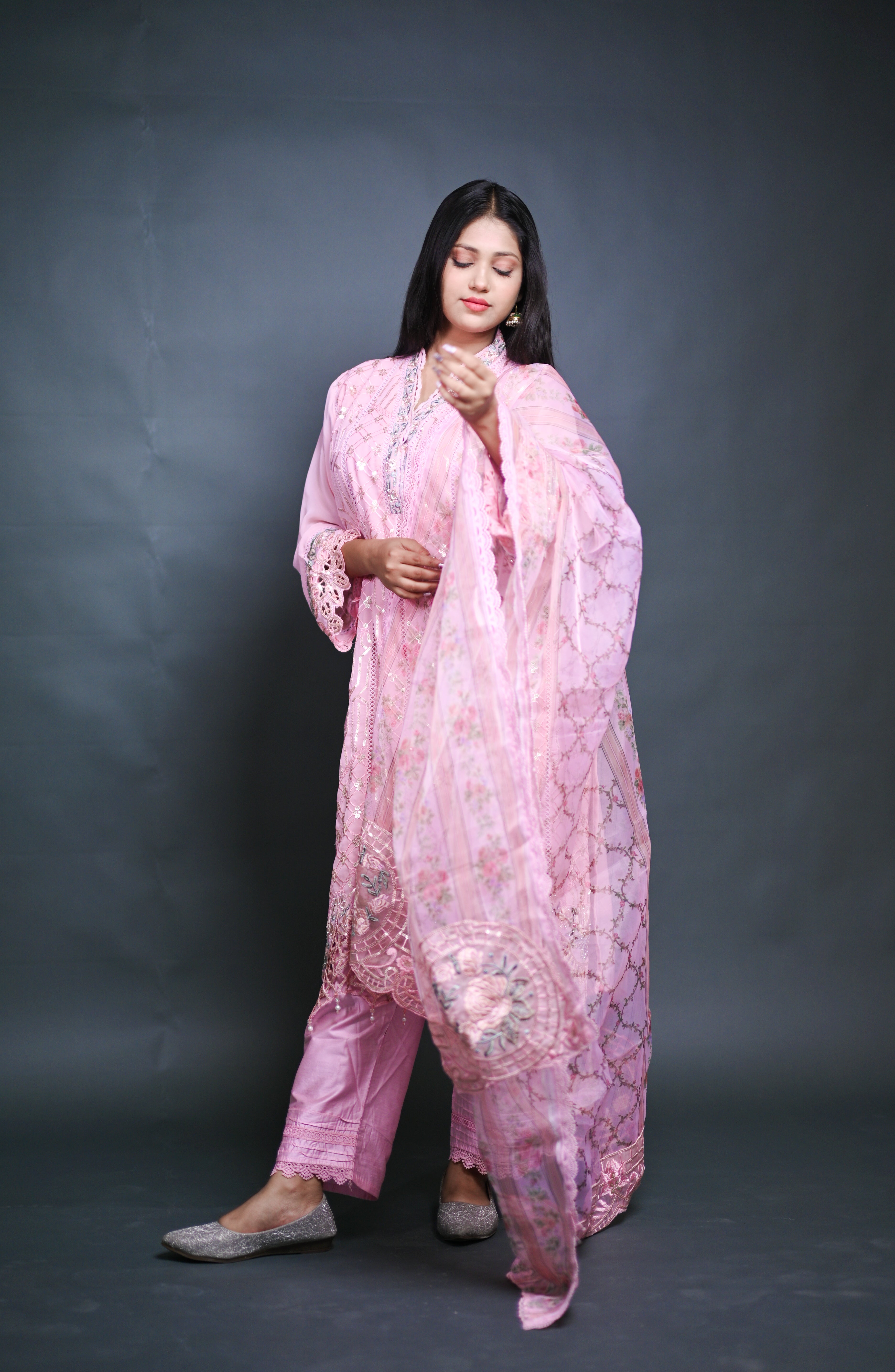 Embroidered Peach Pink Chiffon Suit with Organza Dupatta