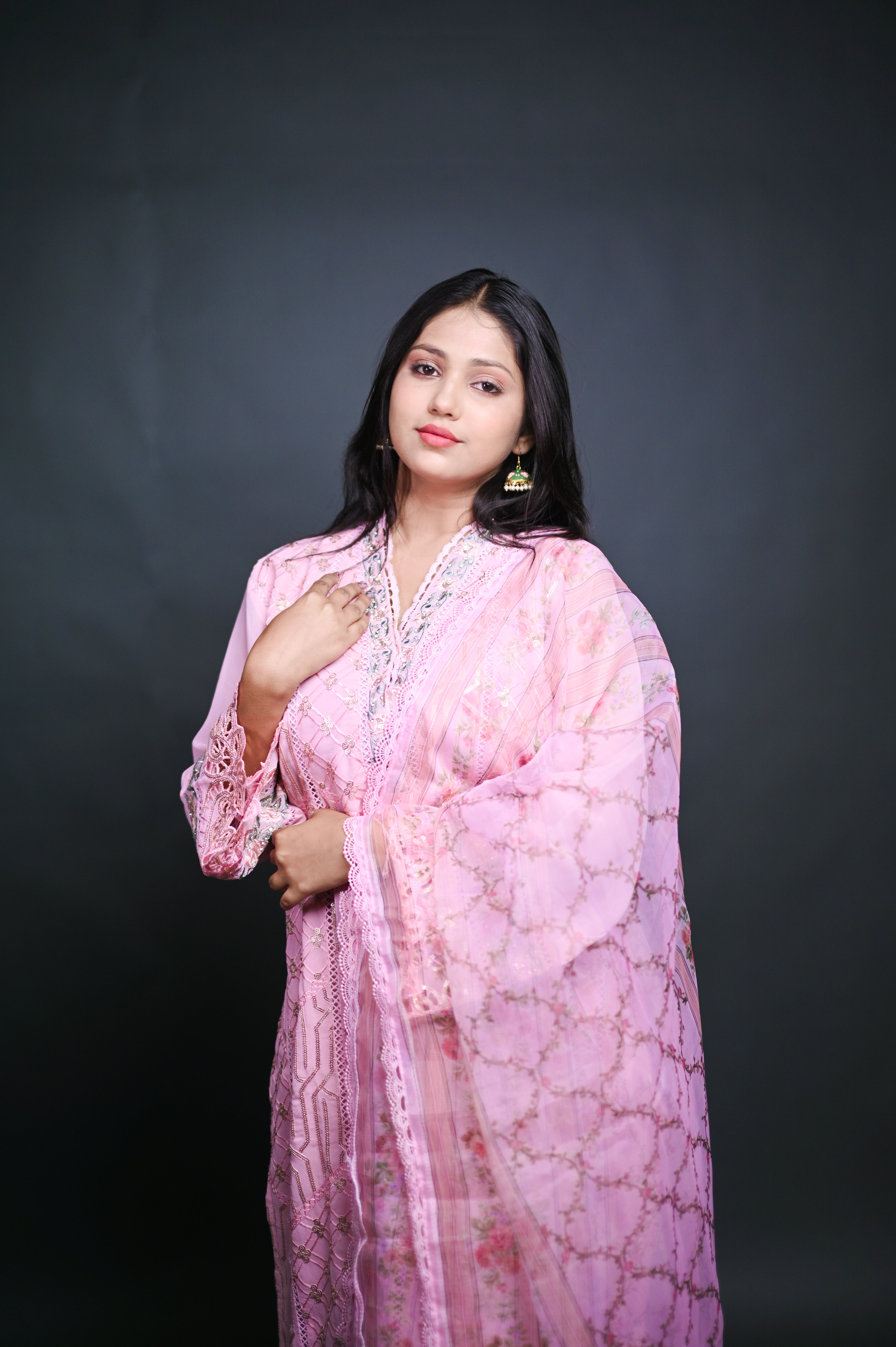 Embroidered Peach Pink Chiffon Suit with Organza Dupatta