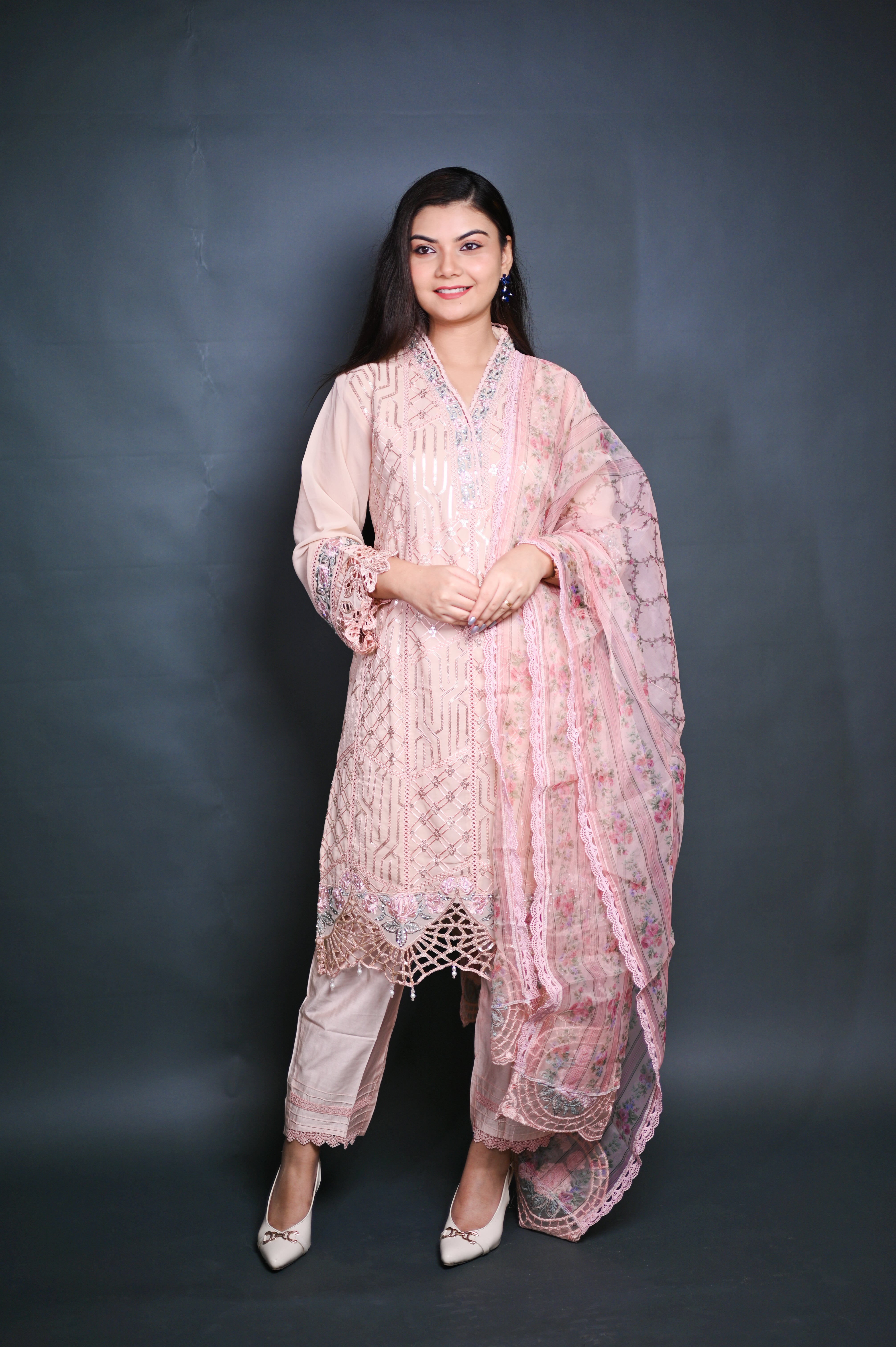 Embroidered Peach Pink Chiffon Suit with Organza Dupatta