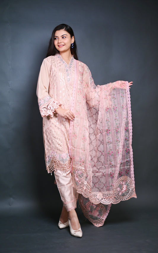 Embroidered Peach Pink Chiffon Suit with Organza Dupatta