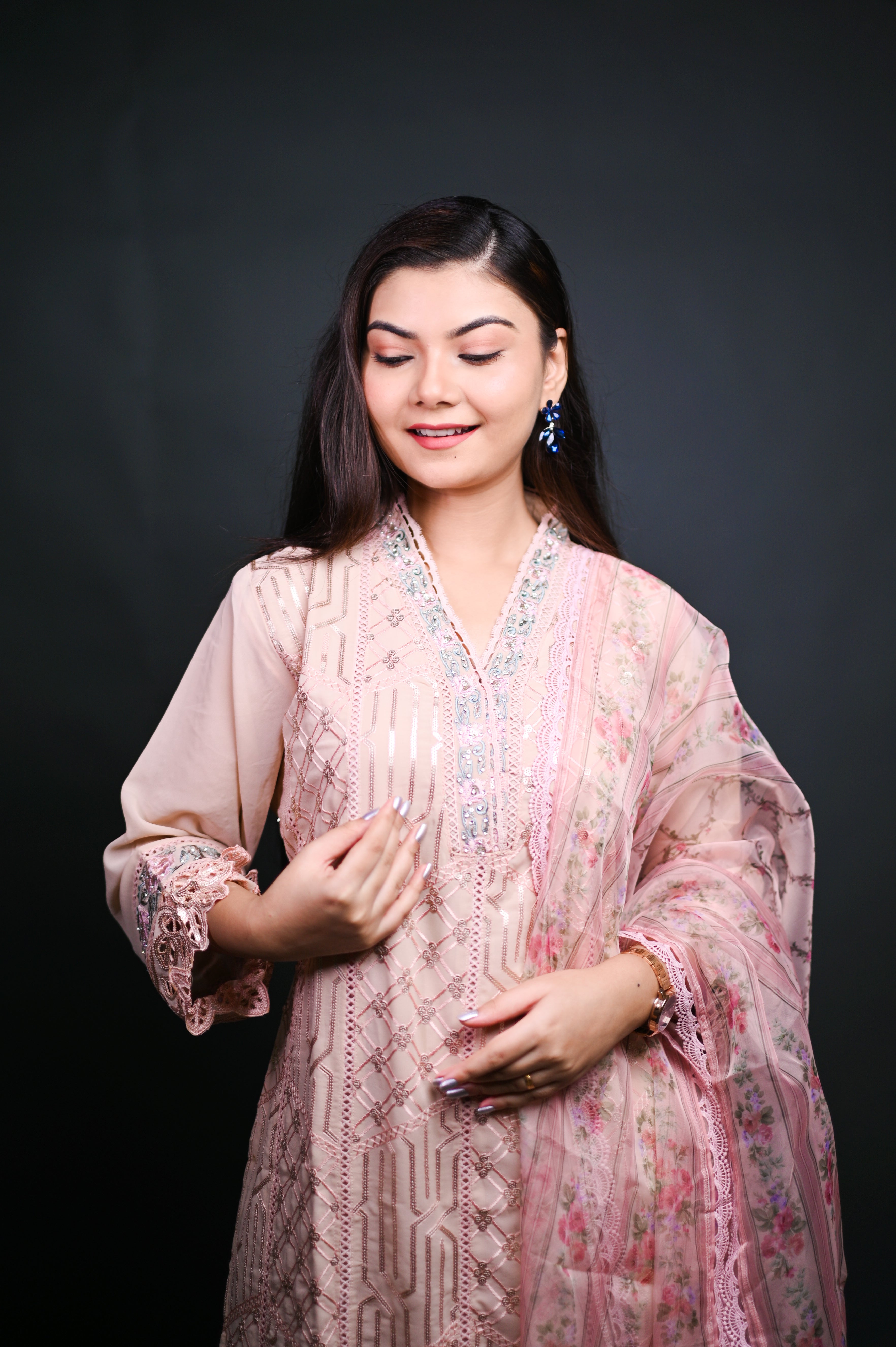 Embroidered Peach Pink Chiffon Suit with Organza Dupatta