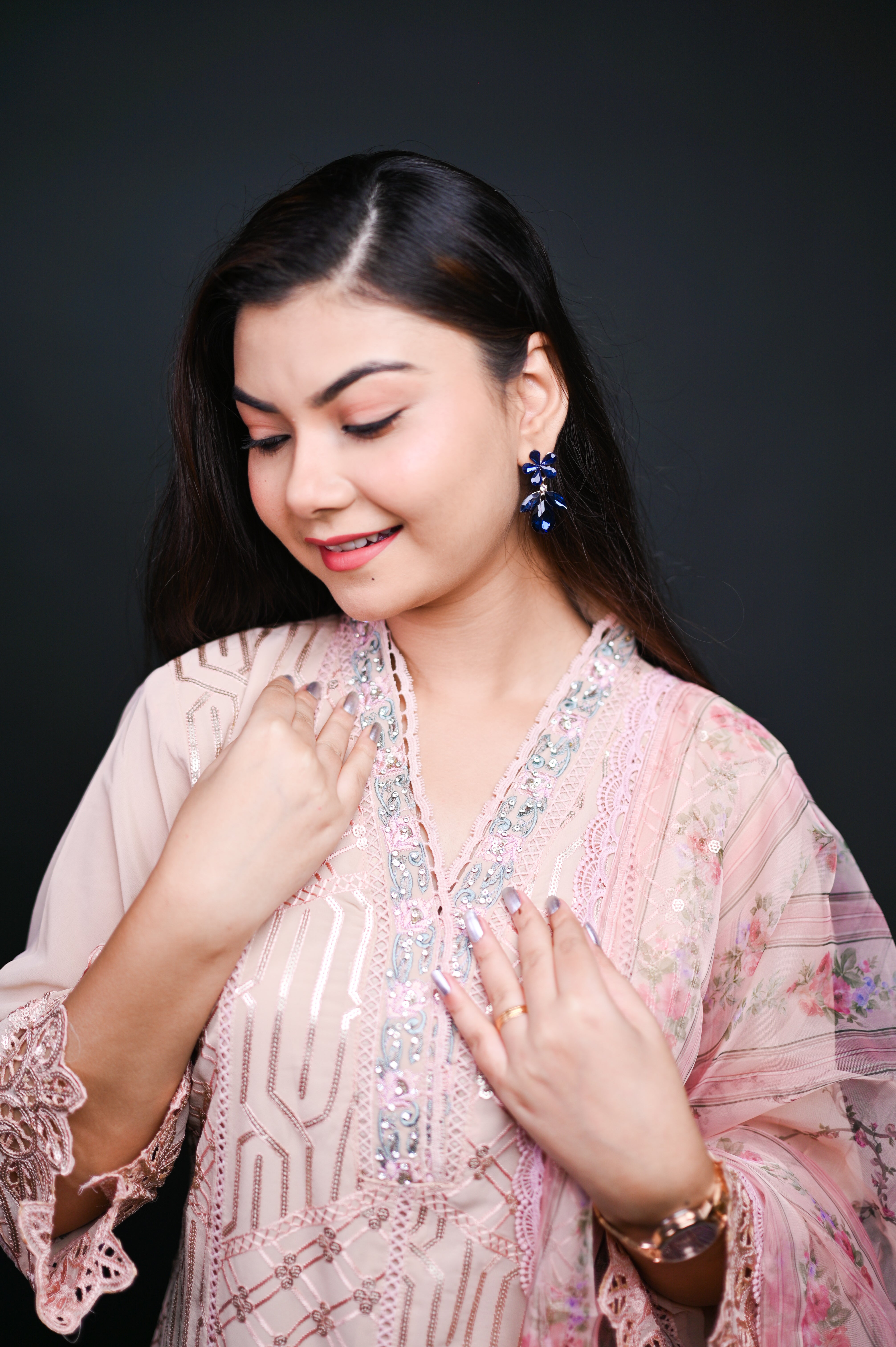 Embroidered Peach Pink Chiffon Suit with Organza Dupatta