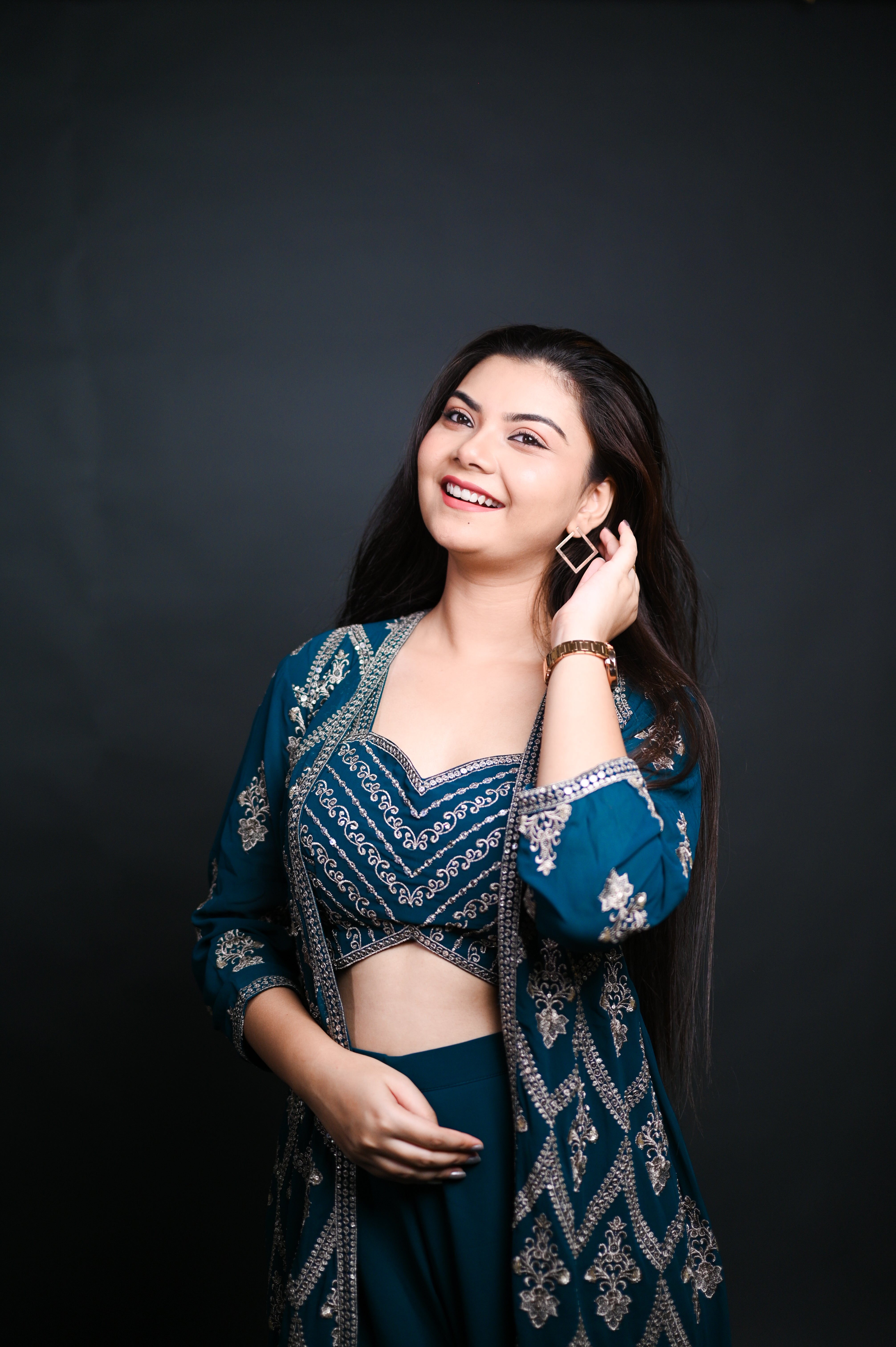 Teal Embroidered Indo-Western Three-Piece Set