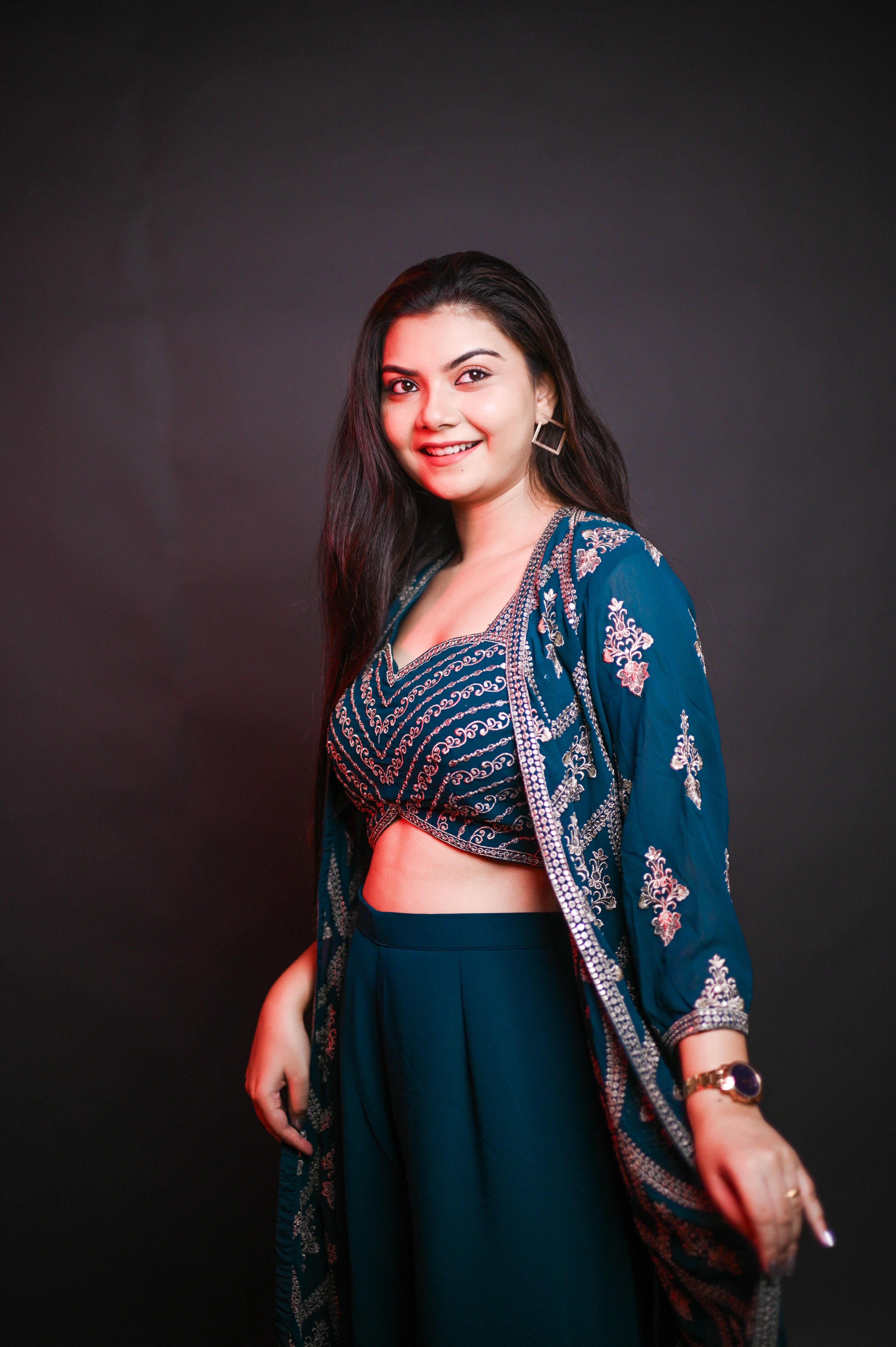 Teal Embroidered Indo-Western Three-Piece Set