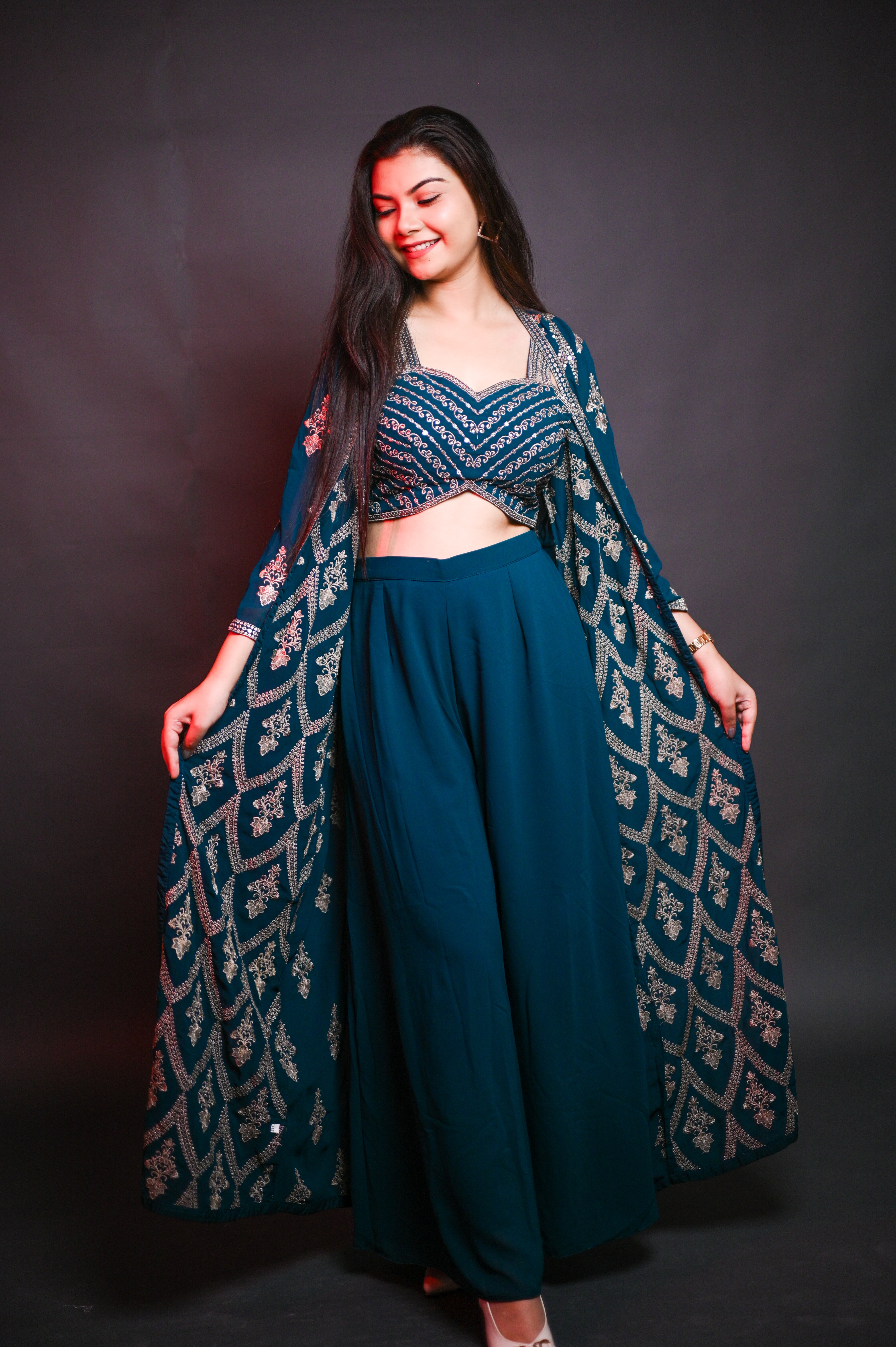 Teal Embroidered Indo-Western Three-Piece Set