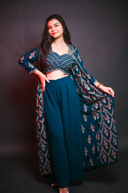 Teal Embroidered Indo-Western Three-Piece Set