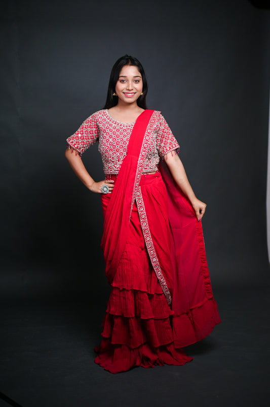Ruby Red Ruffle Saree with Hand-Embroidered Blouse