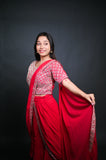 Ruby Red Ruffle Saree with Hand-Embroidered Blouse