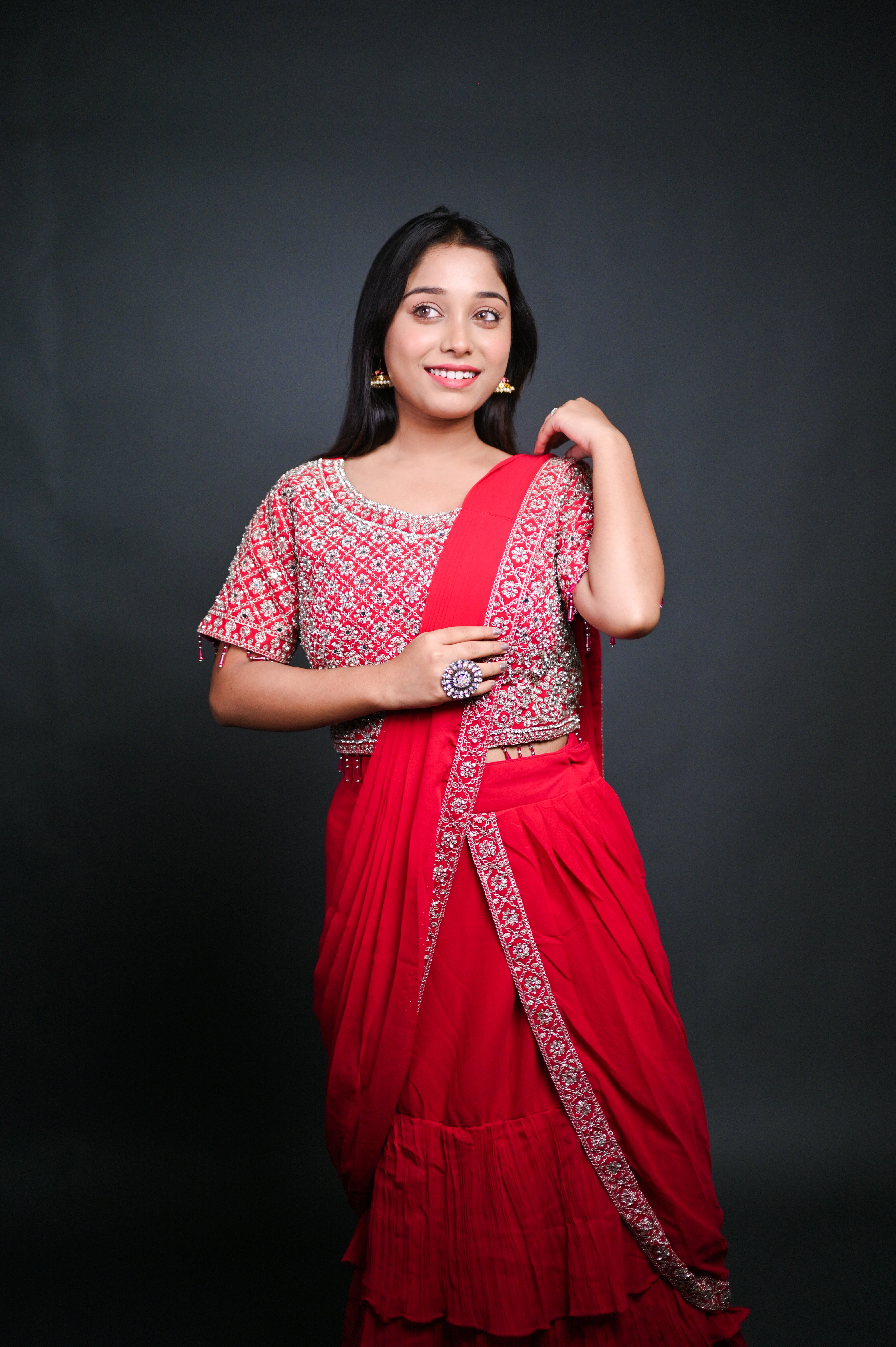 Ruby Red Ruffle Saree with Hand-Embroidered Blouse