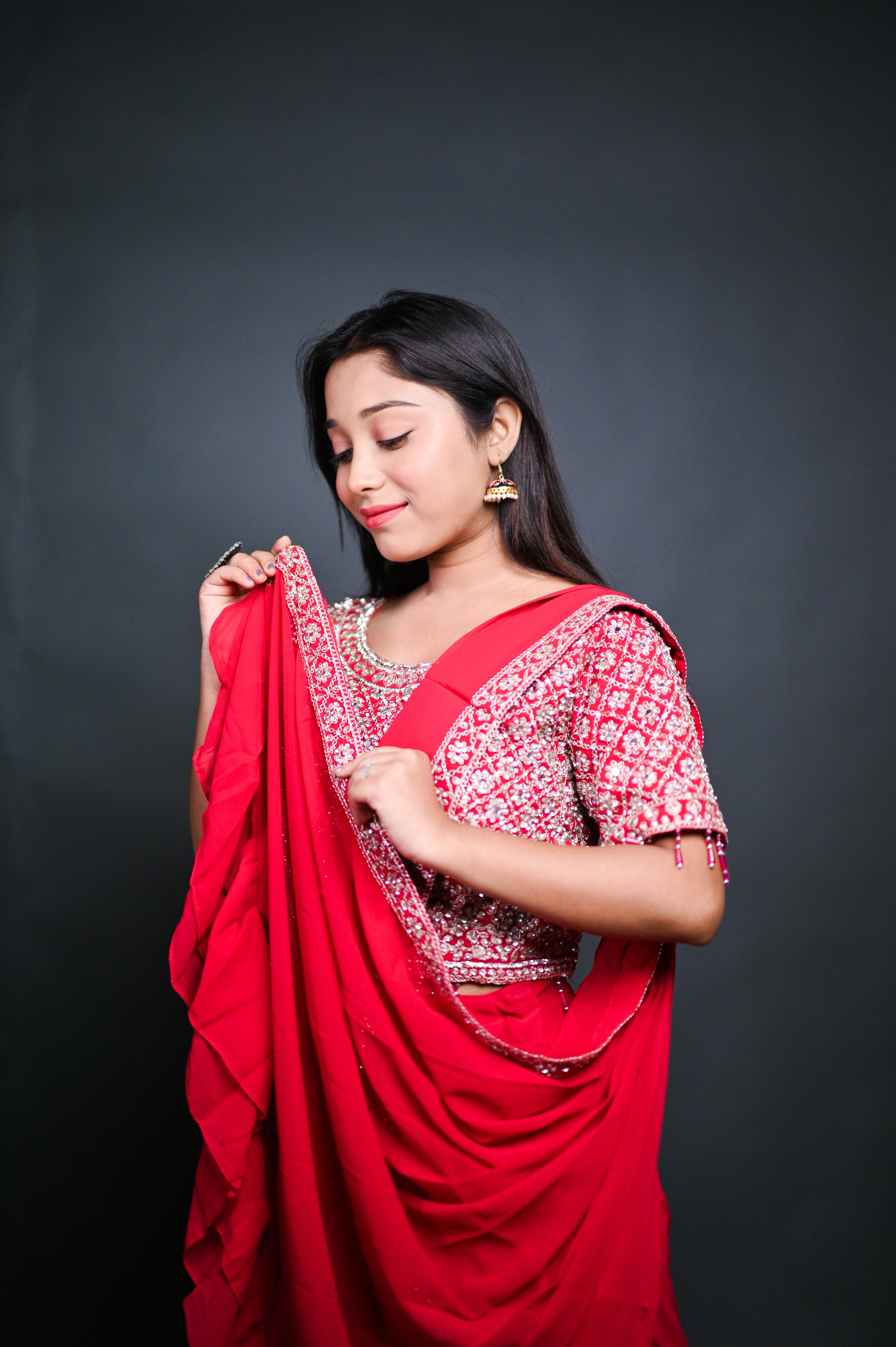 Ruby Red Ruffle Saree with Hand-Embroidered Blouse