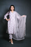 Grey & White Embroidered Kurta Set with Organza Dupatta