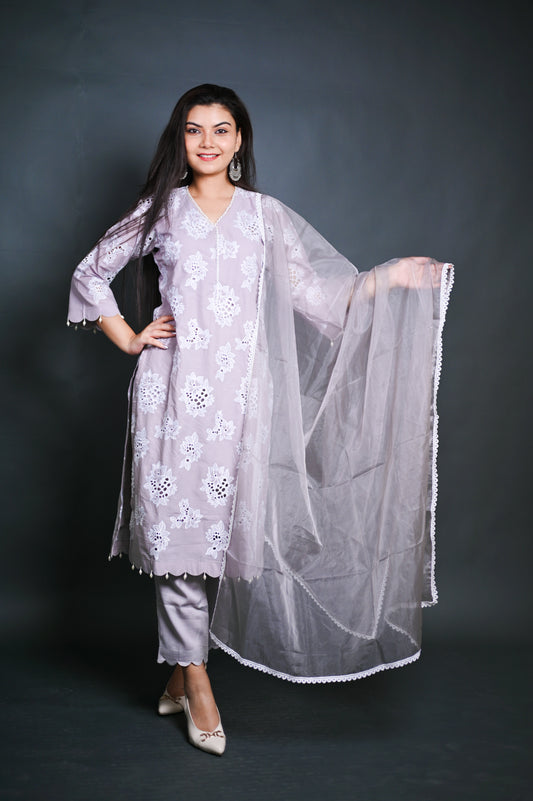 Grey & White Embroidered Kurta Set with Organza Dupatta