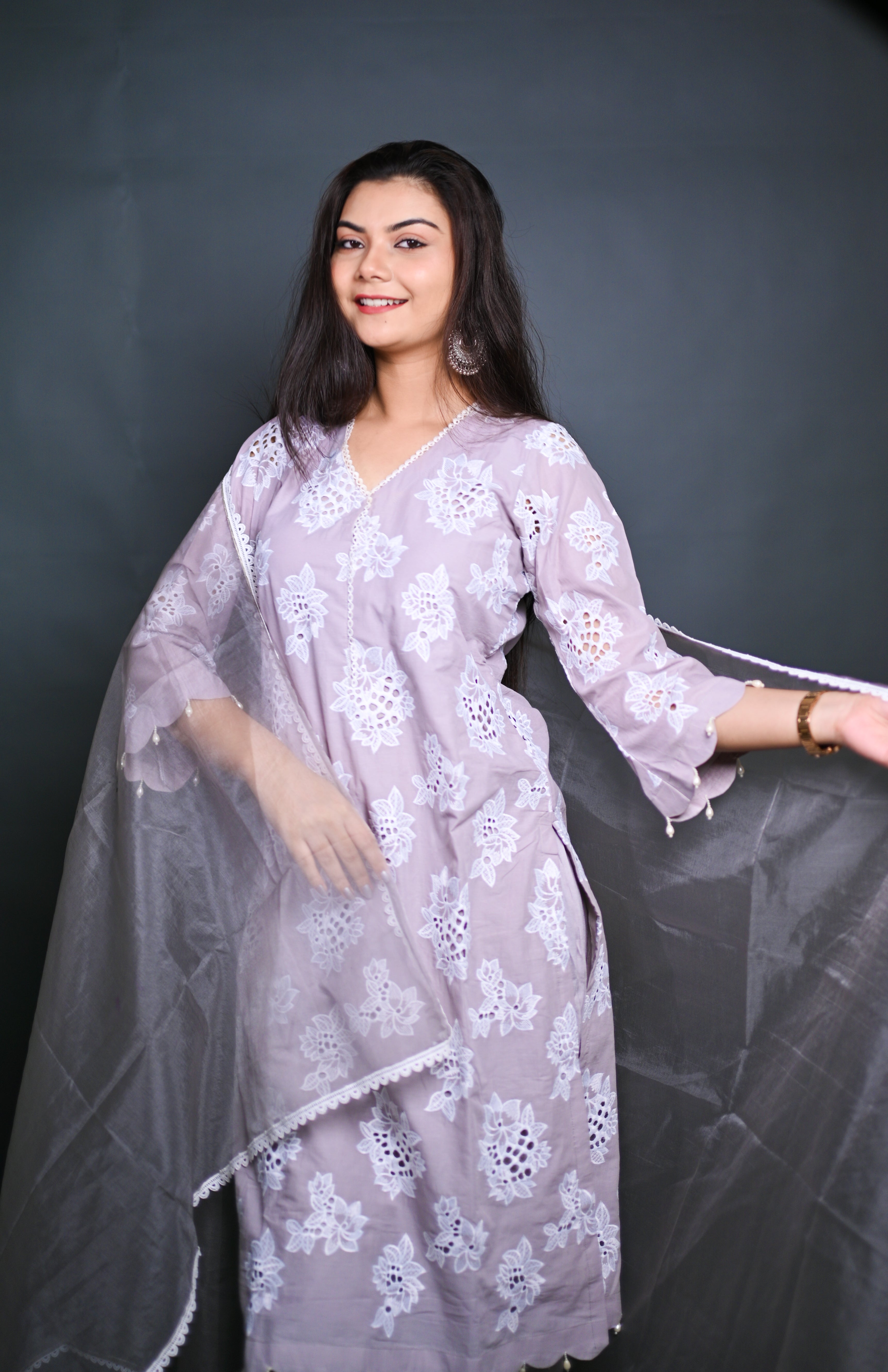 Grey & White Embroidered Kurta Set with Organza Dupatta