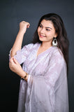 Grey & White Embroidered Kurta Set with Organza Dupatta