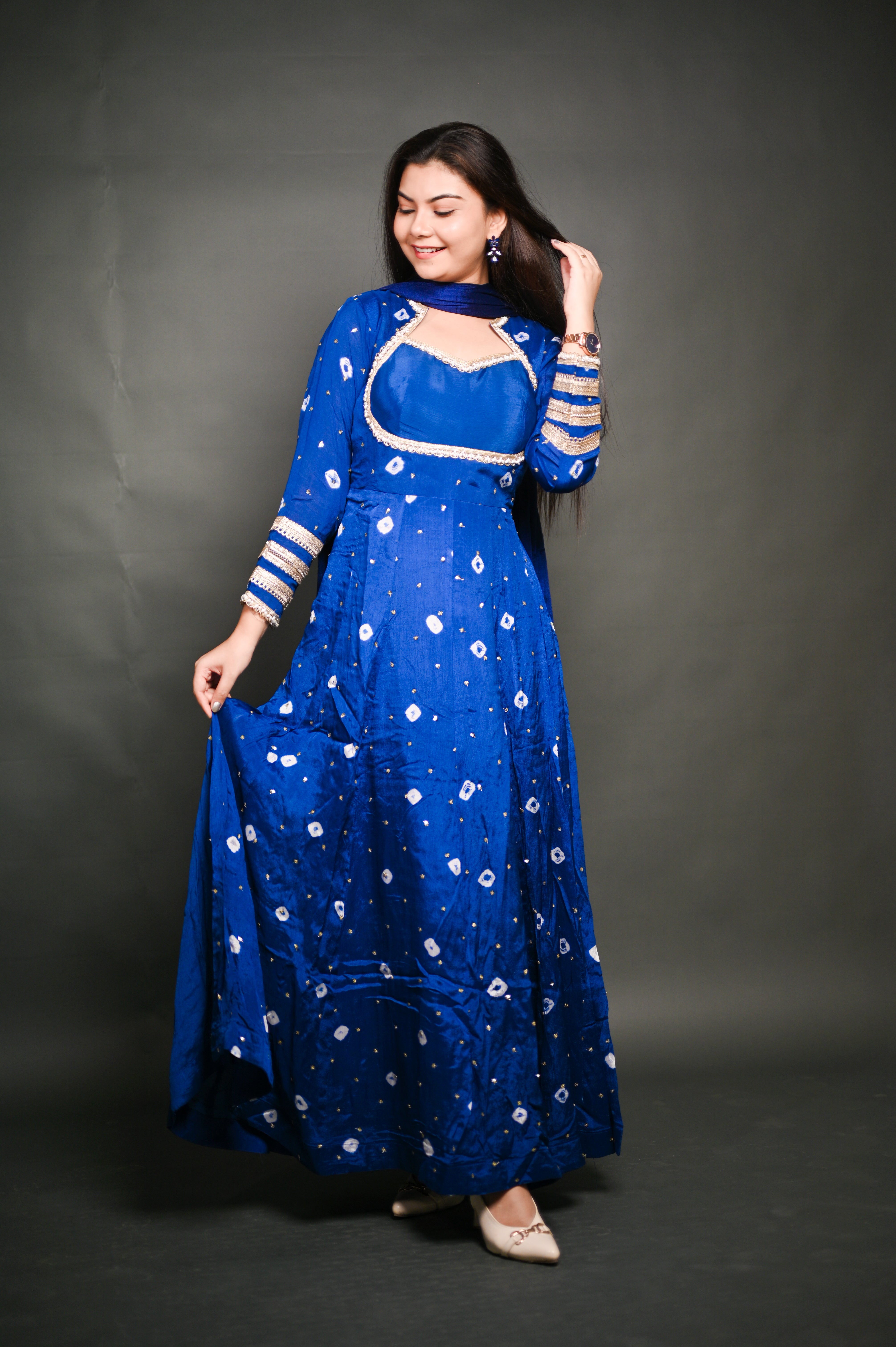 Royal Blue Bandhani Anarkali Set with Dupatta