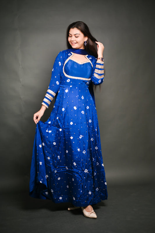 Royal Blue Bandhani Anarkali Set with Dupatta