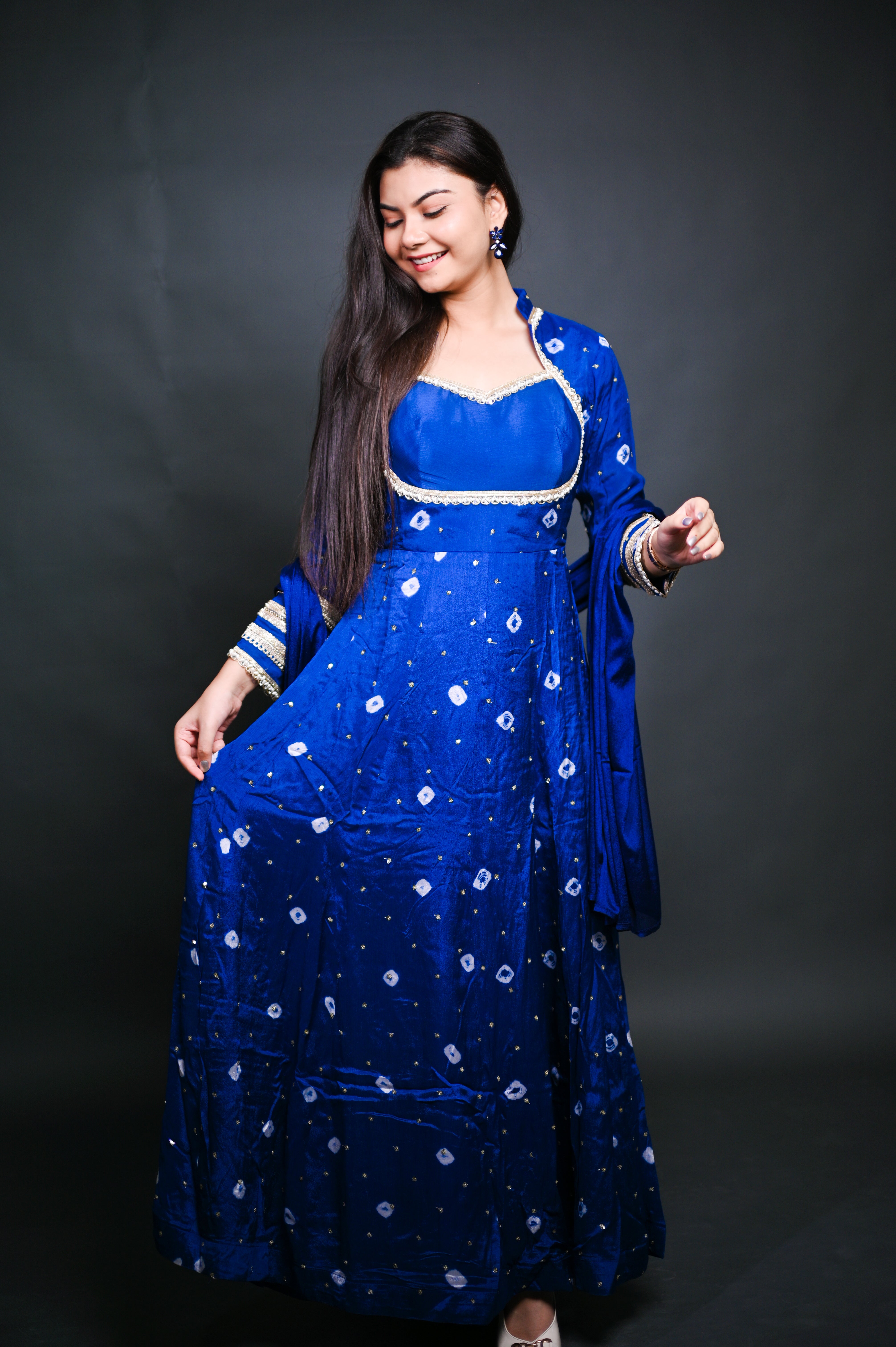 Royal Blue Bandhani Anarkali Set with Dupatta