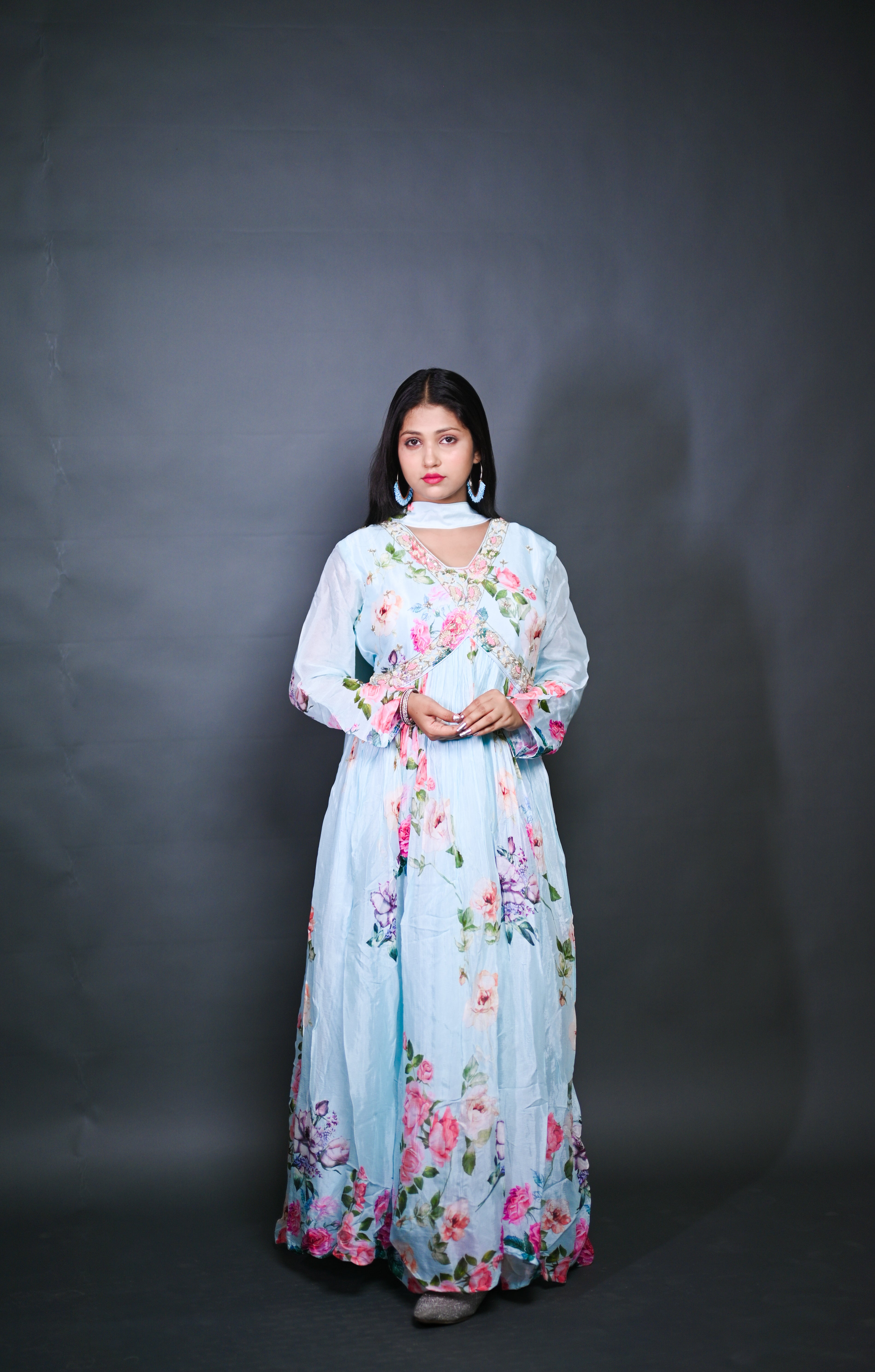 Pastel Blue Floral Anarkali Gown with Dupatta