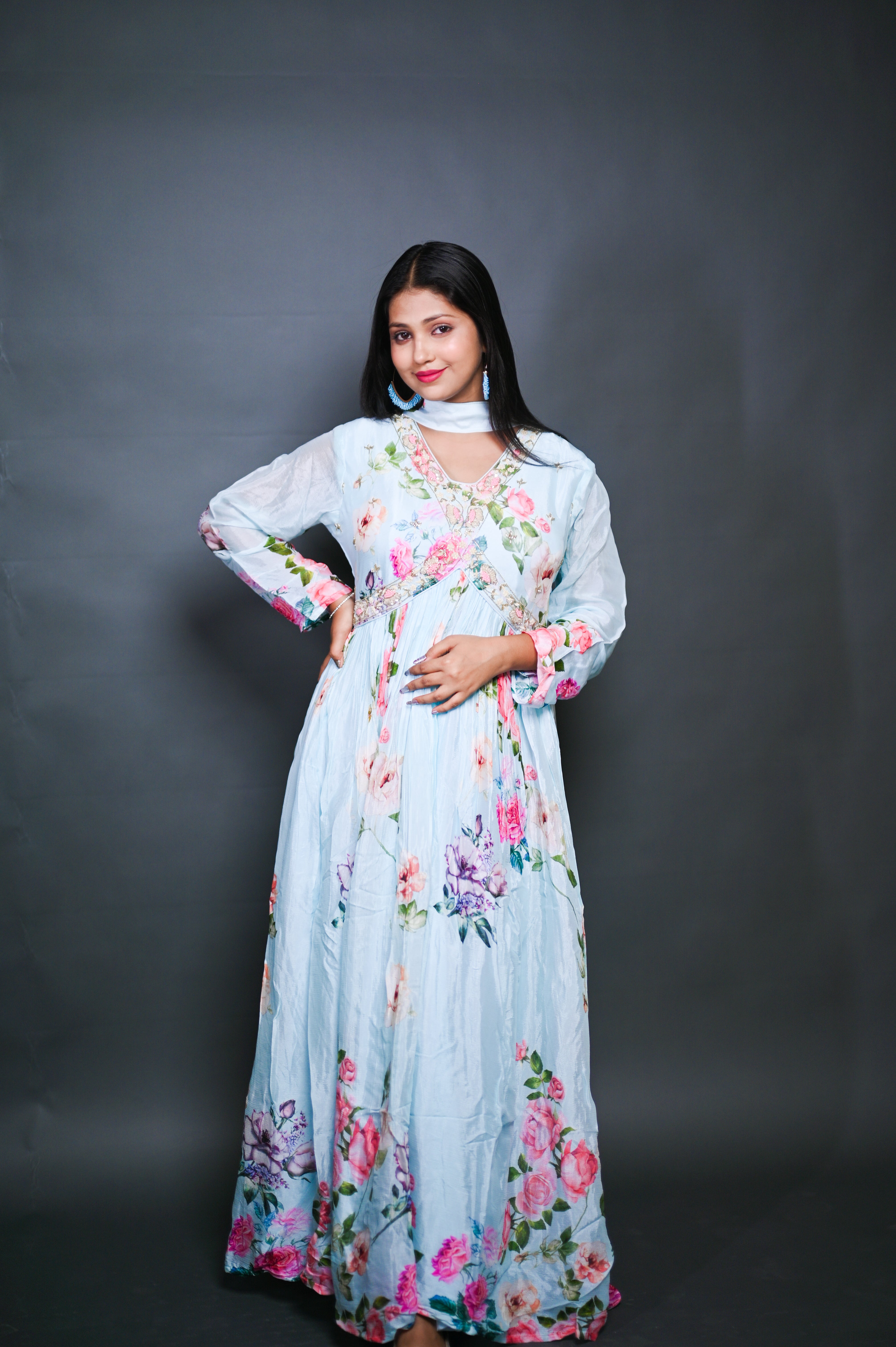 Pastel Blue Floral Anarkali Gown with Dupatta