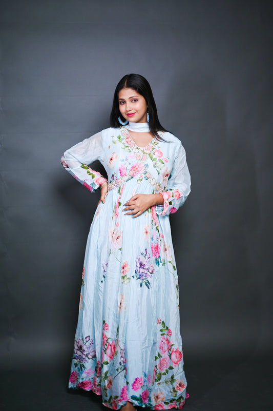 Pastel Blue Floral Anarkali Gown with Dupatta