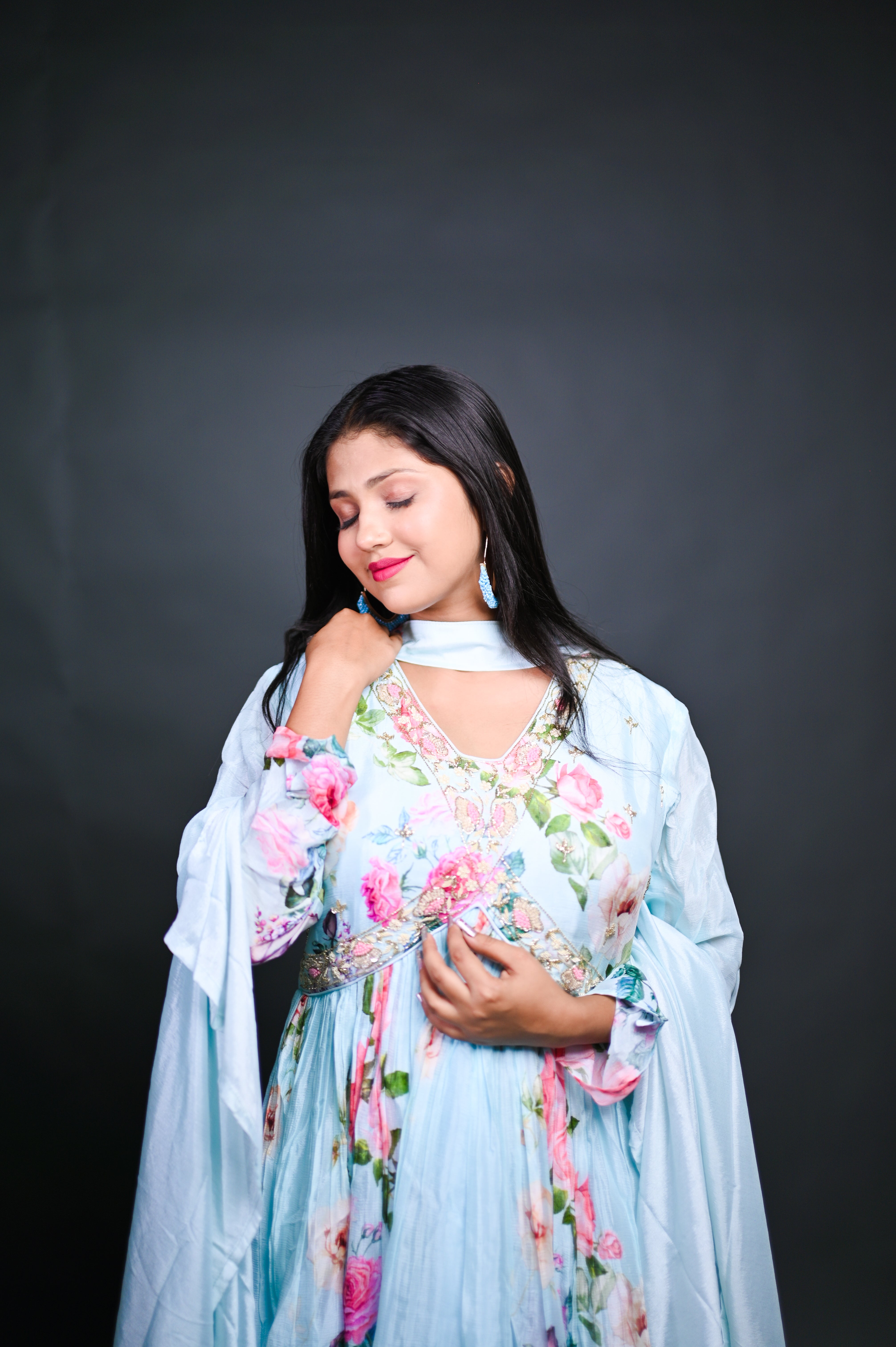 Pastel Blue Floral Anarkali Gown with Dupatta