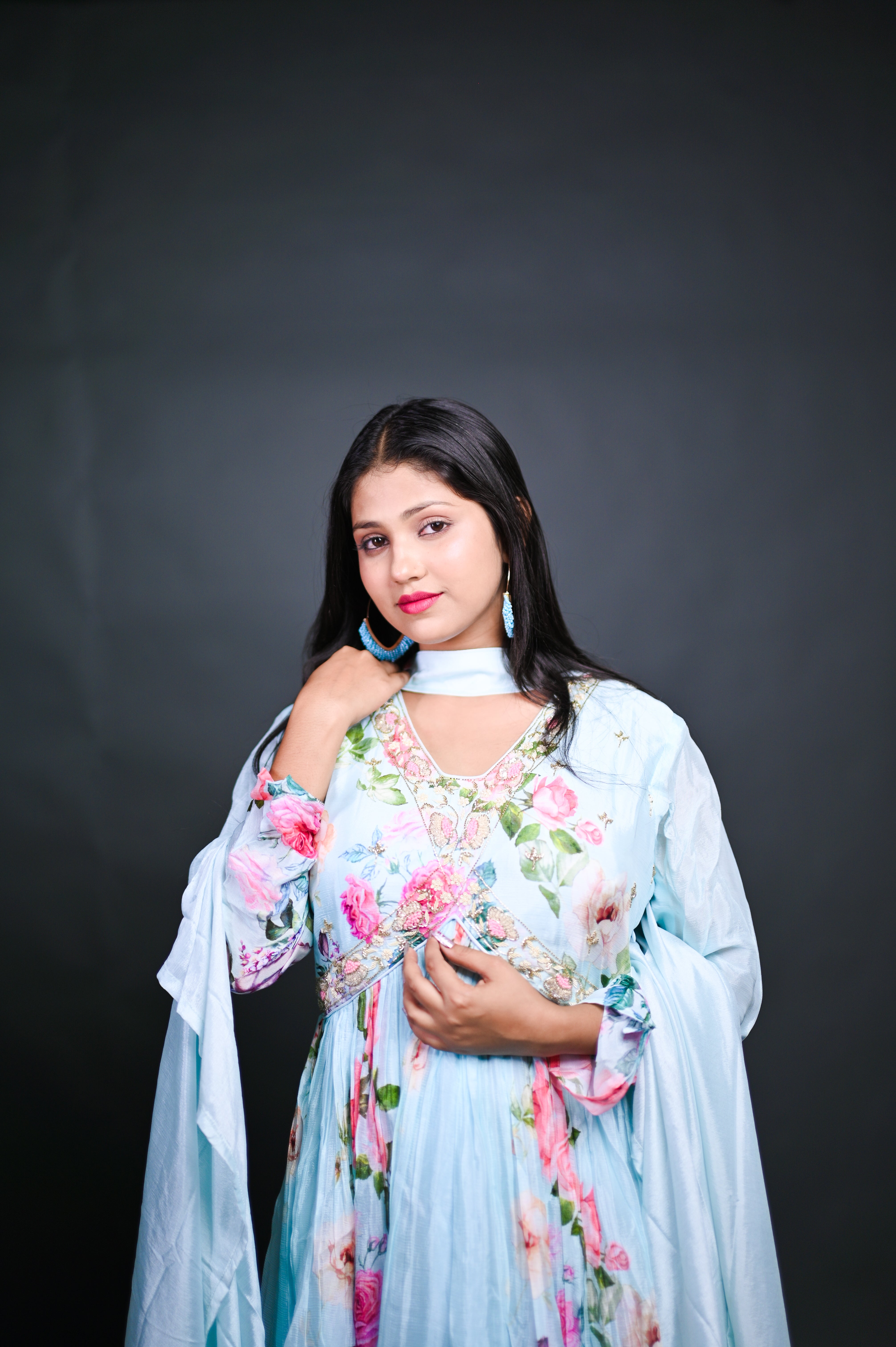 Pastel Blue Floral Anarkali Gown with Dupatta
