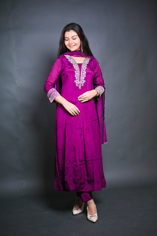 Royal Purple Embroidered Kurta Set with Dupatta