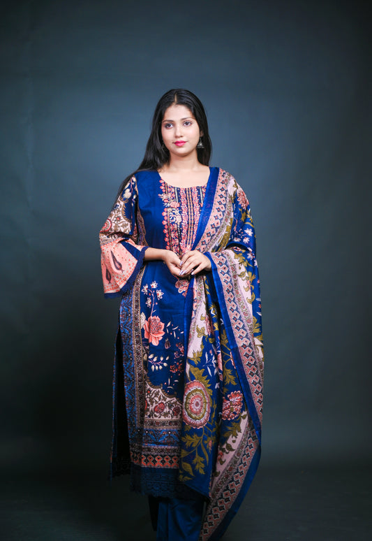 Elegant Navy Blue Floral Printed Suit