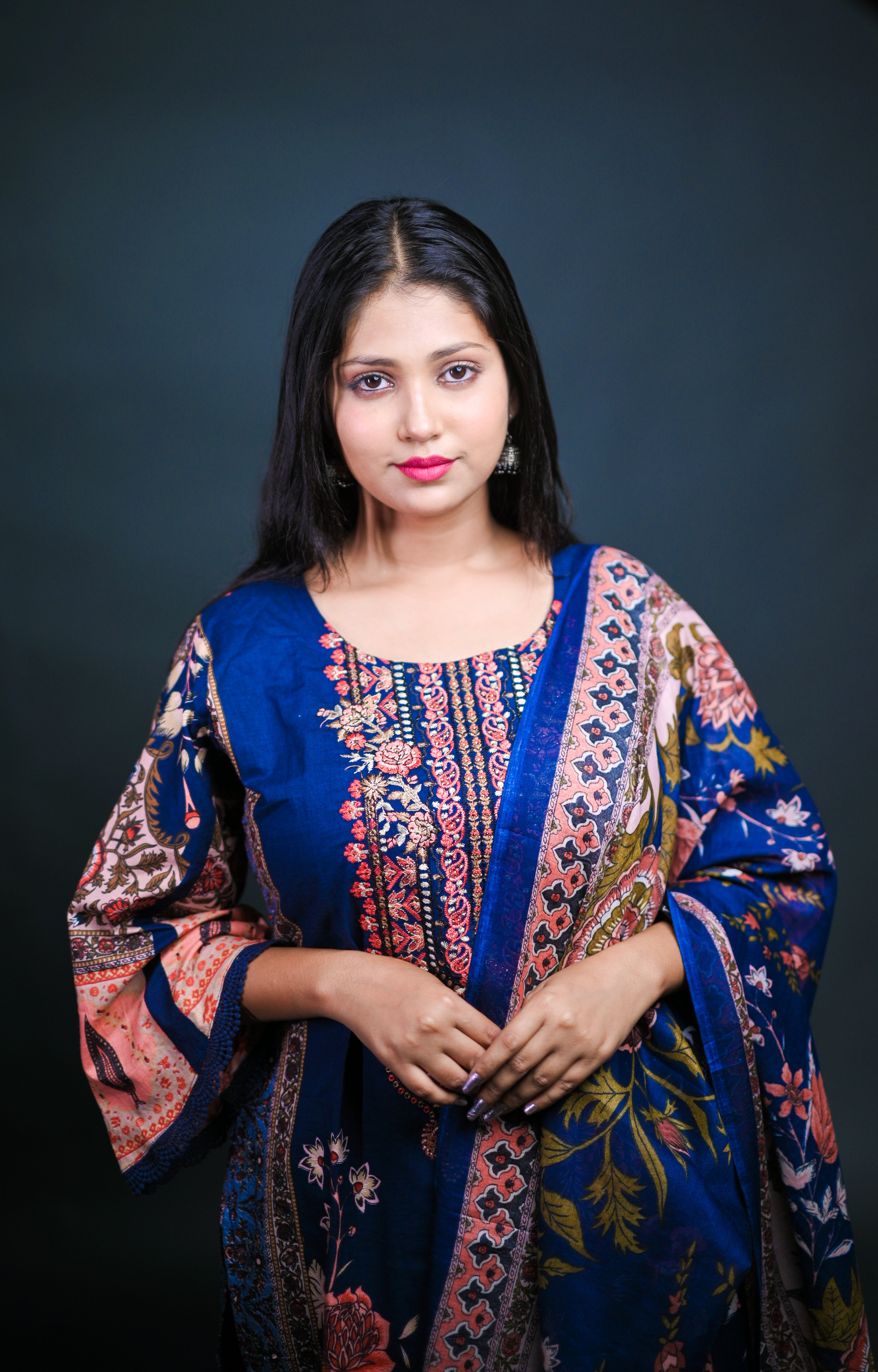 Elegant Navy Blue Floral Printed Suit