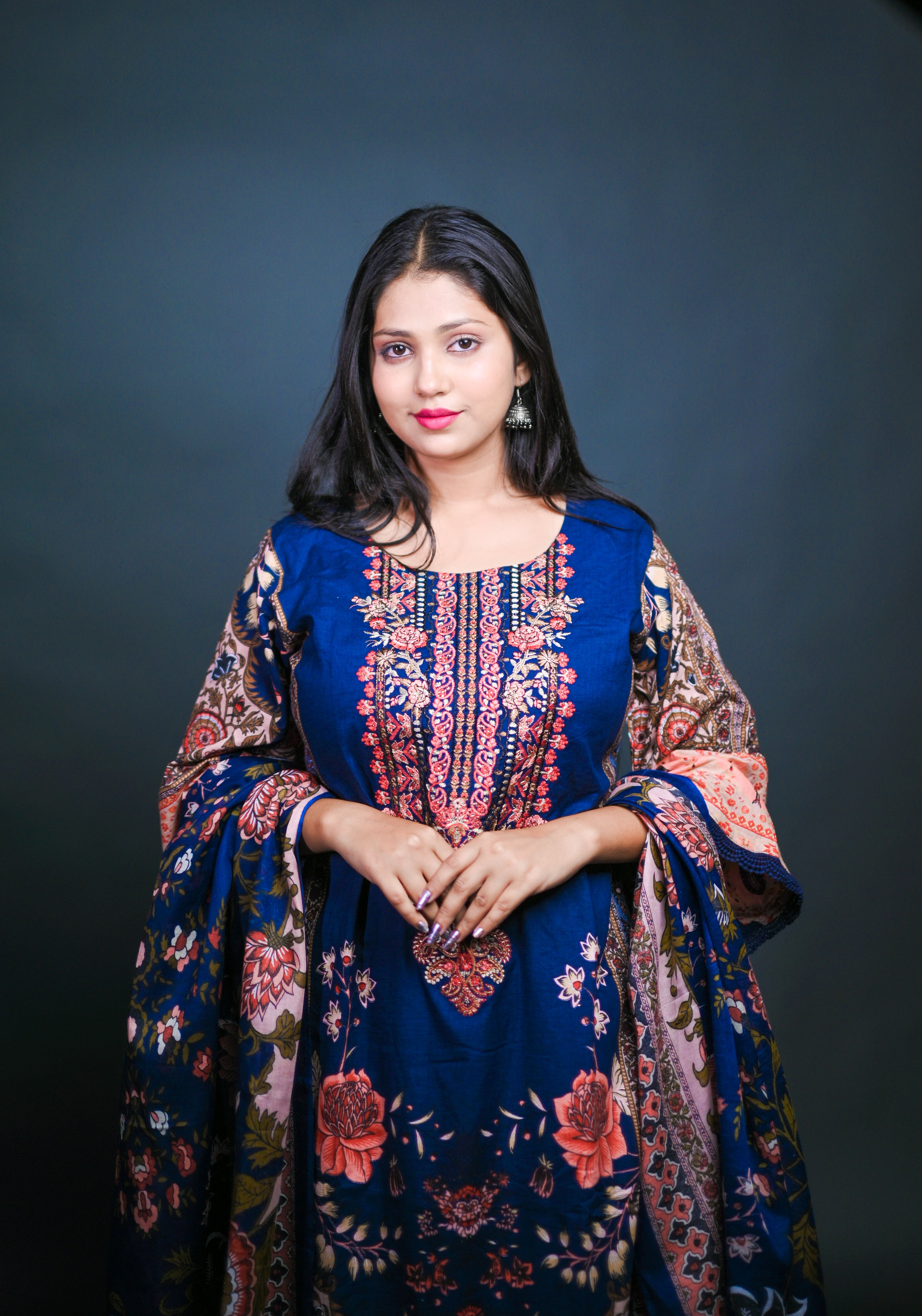 Elegant Navy Blue Floral Printed Suit