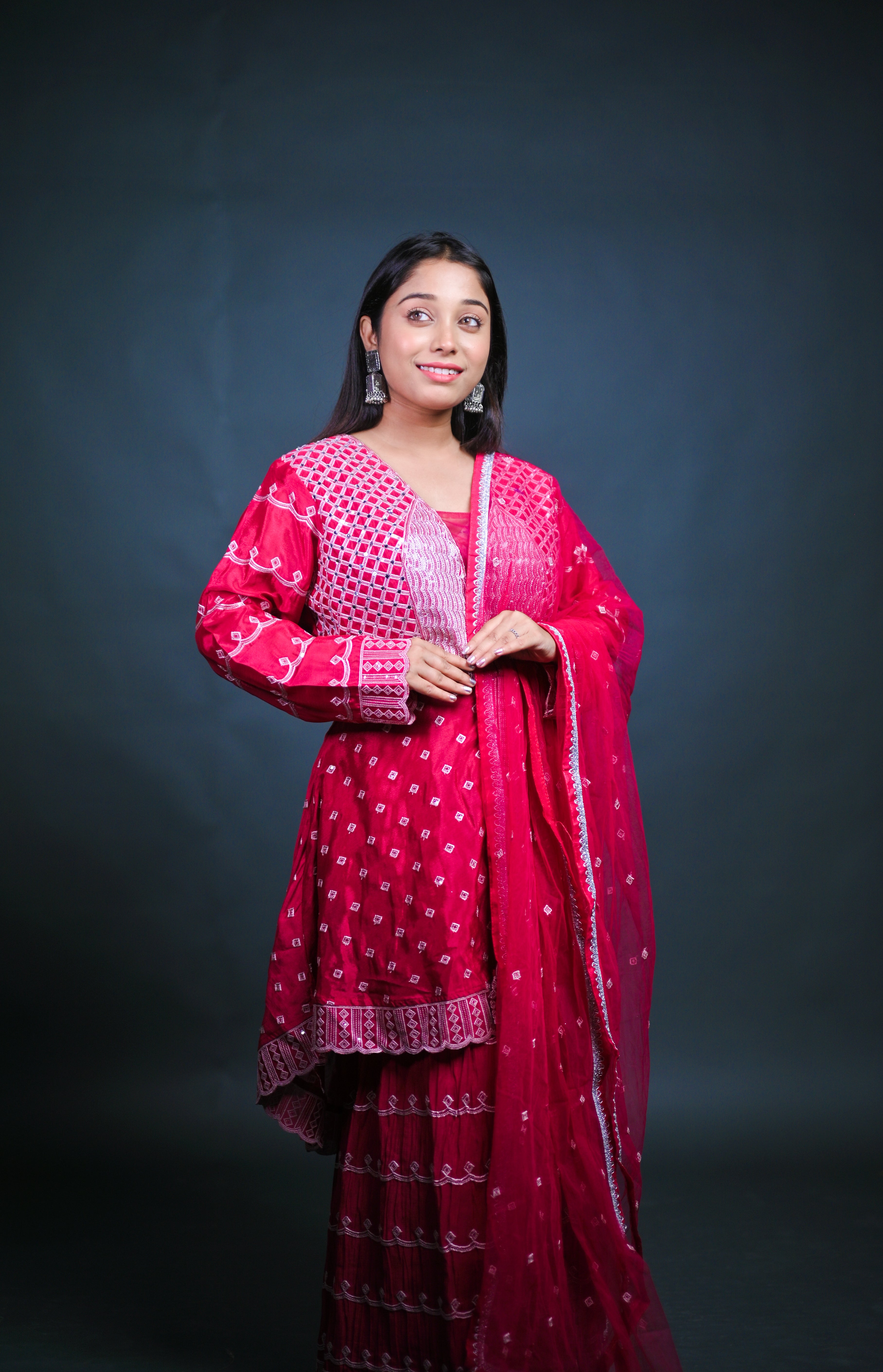 Crimson Pink Embroidered Sharara Set with Dupatta