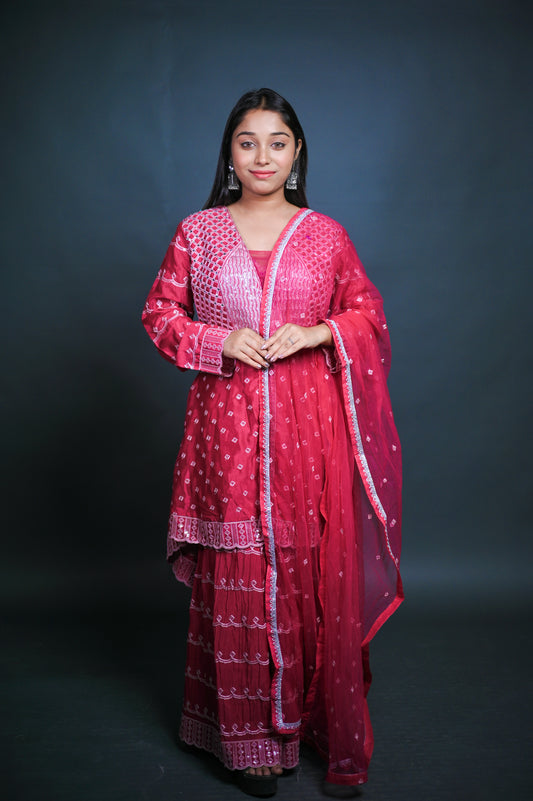 Crimson Pink Embroidered Sharara Set with Dupatta