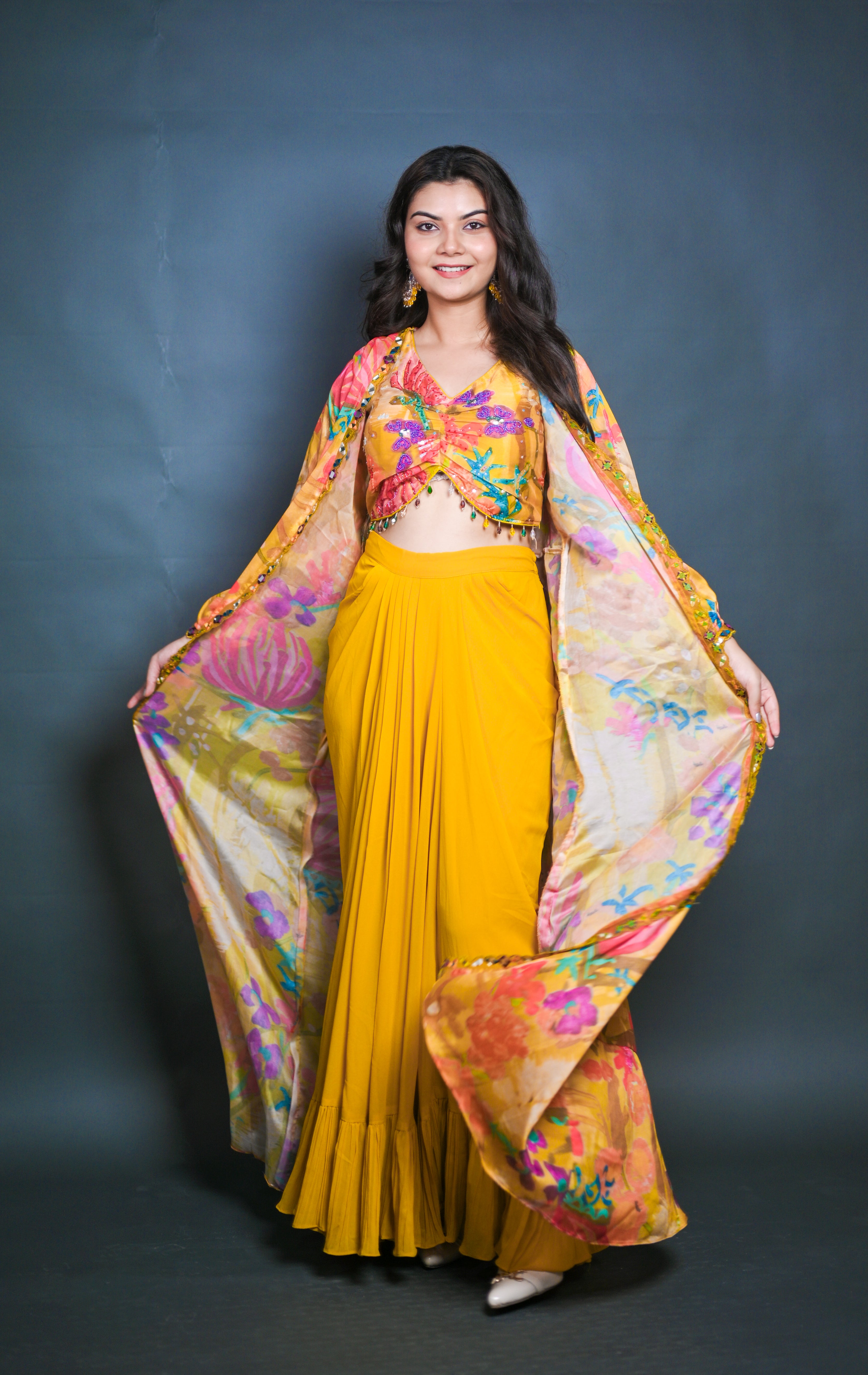 Yellow Embroidered Indo-Western Three-Piece Set