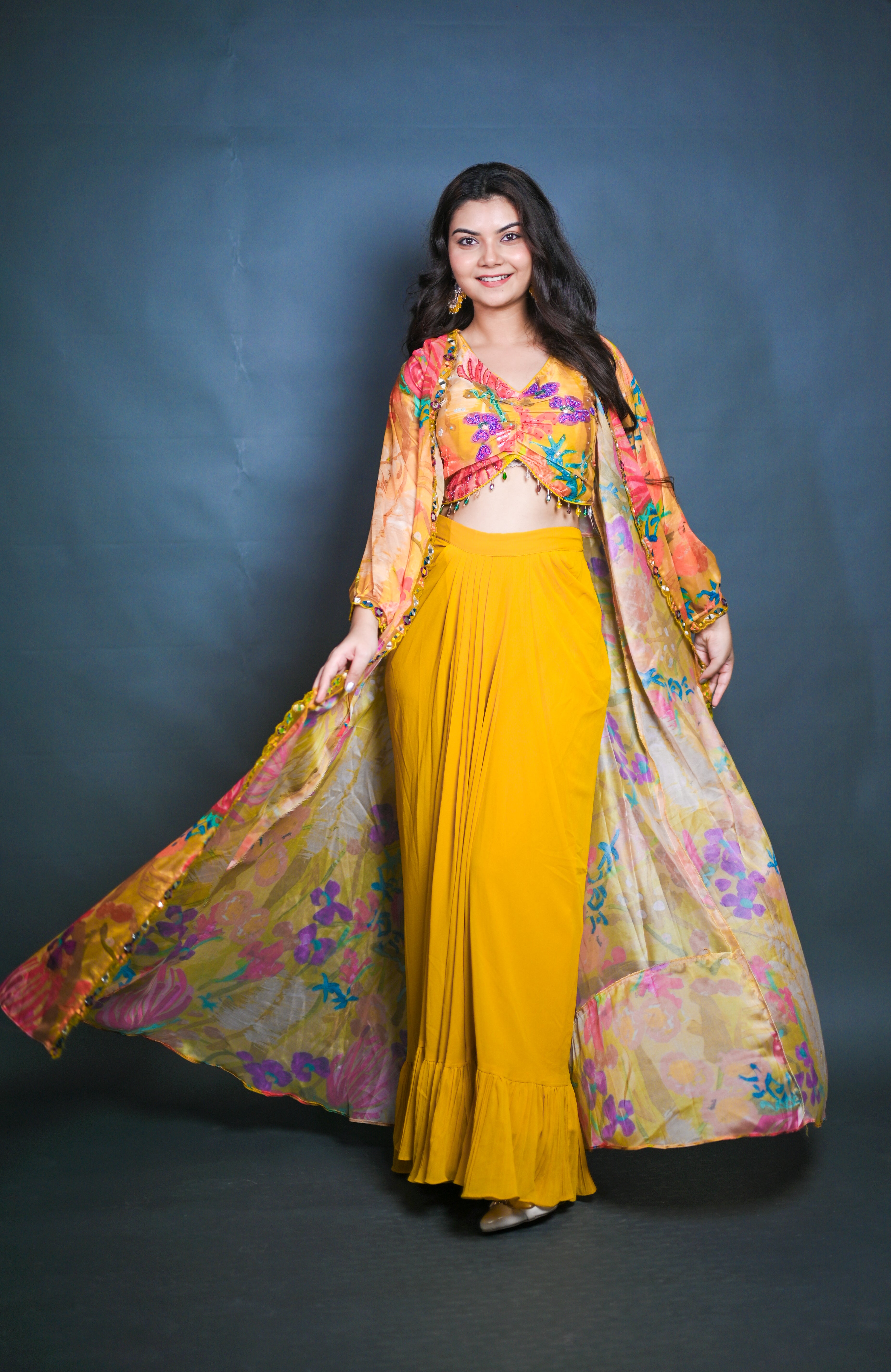 Yellow Embroidered Indo-Western Three-Piece Set