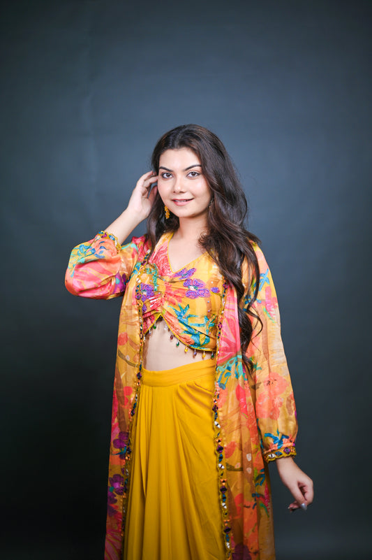 Yellow Embroidered Indo-Western Three-Piece Set
